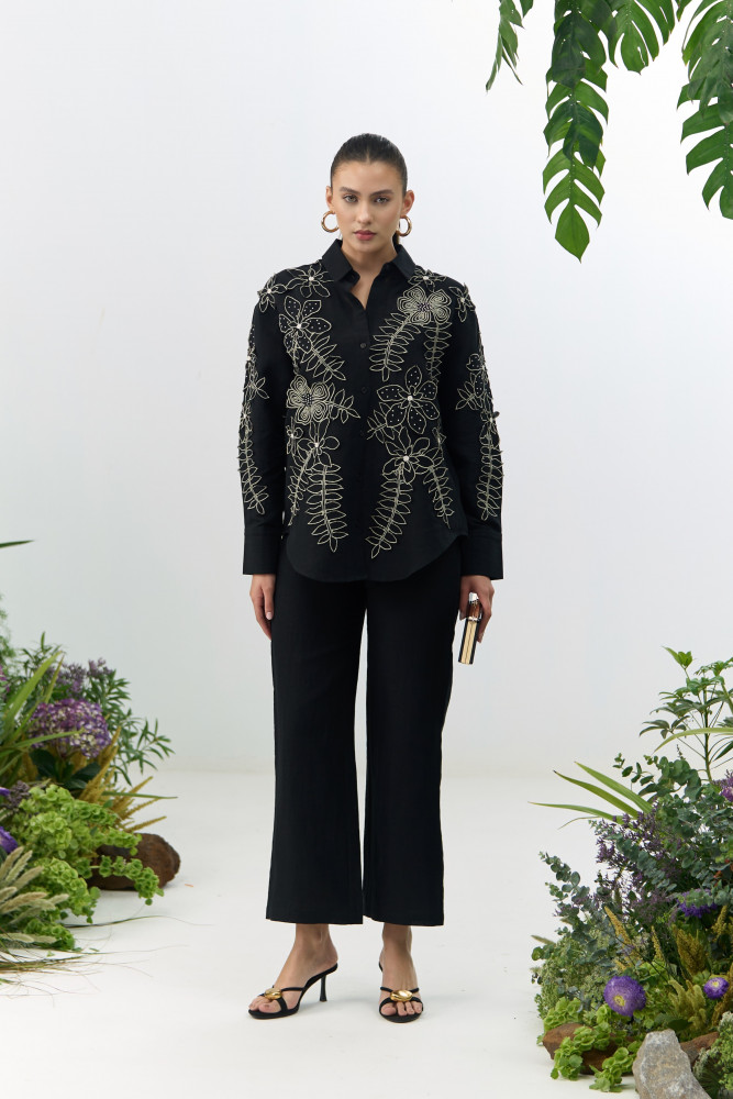 Image of ATELIER RIVIERA BLACK COTTON LINEN SHIRT TUNIC &amp; PANTS CO-ORD SET WITH 3D FLOWER EMBROIDERY