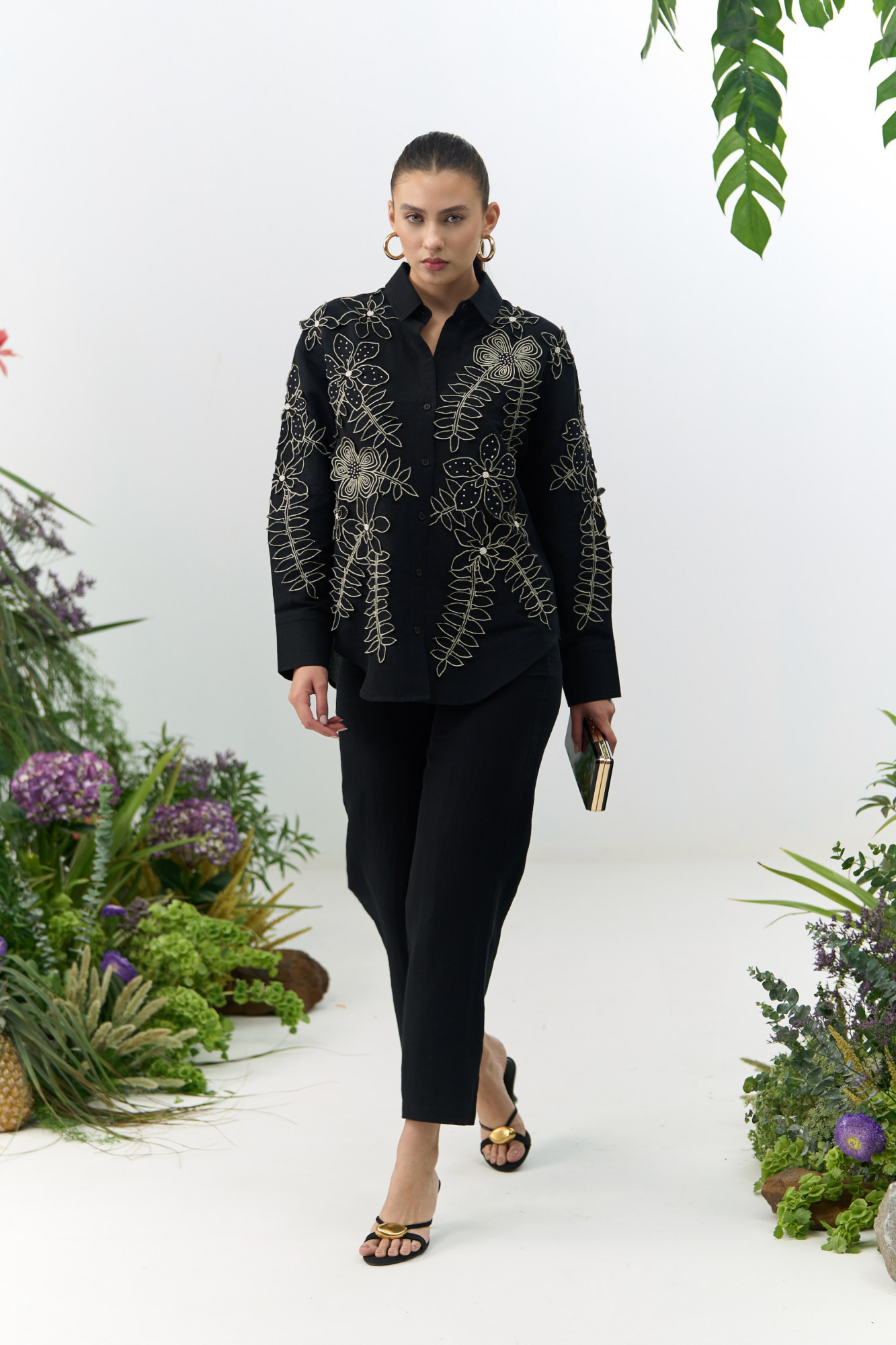 ATELIER RIVIERA BLACK COTTON LINEN SHIRT TUNIC PANTS CO-ORD SET WITH 3D FLOWER EMBROIDERY