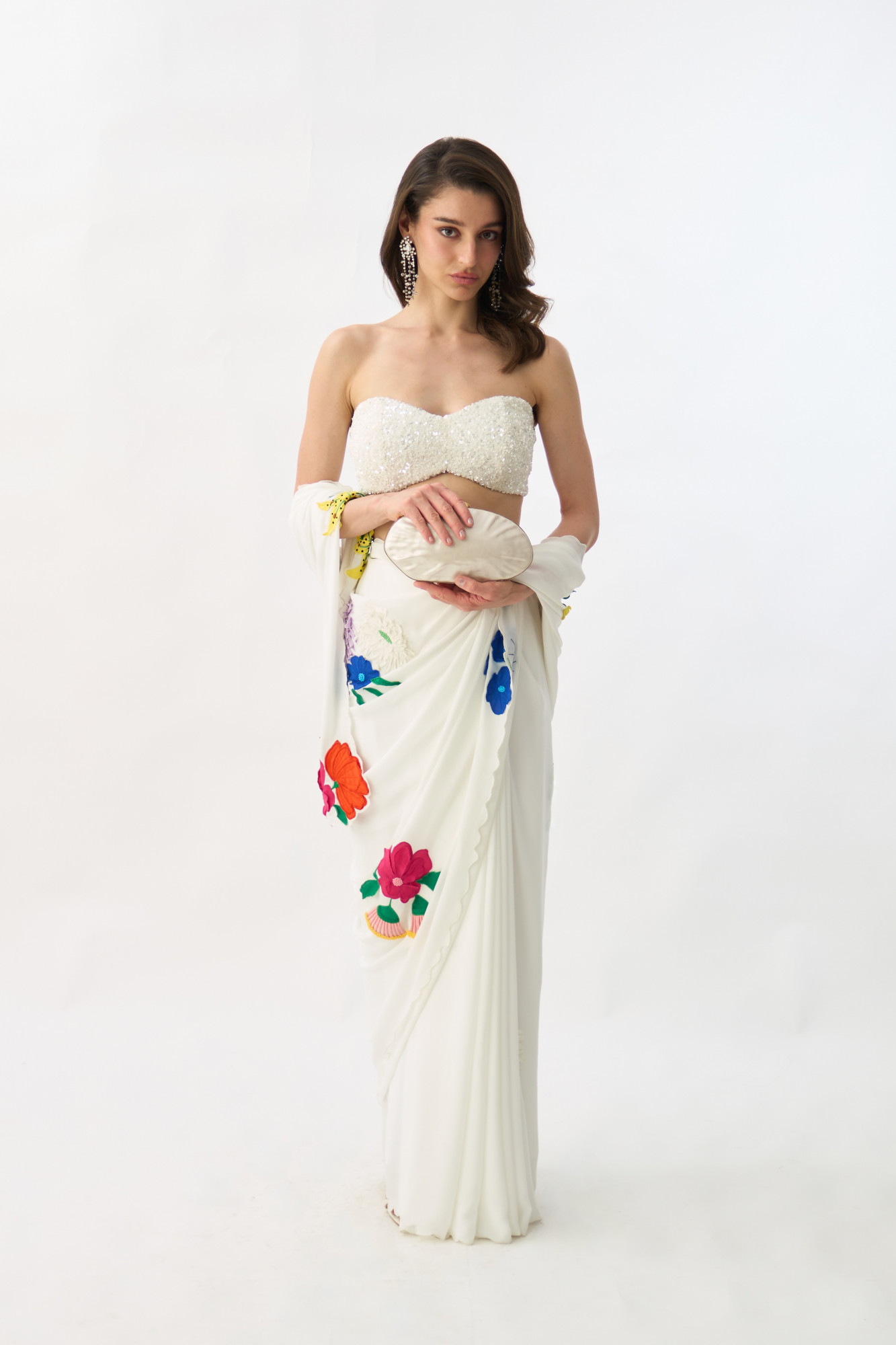 GARDEN OF SICILIA WHITE SARI WITH DELICATE FLORAL EMBROIDERY AND FULLY SEUINED BUSTIER BLOUSE