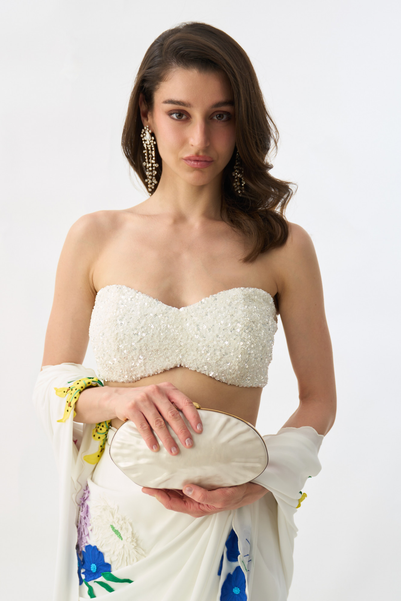 GARDEN OF SICILIA WHITE SARI WITH DELICATE FLORAL EMBROIDERY AND FULLY SEUINED BUSTIER BLOUSE