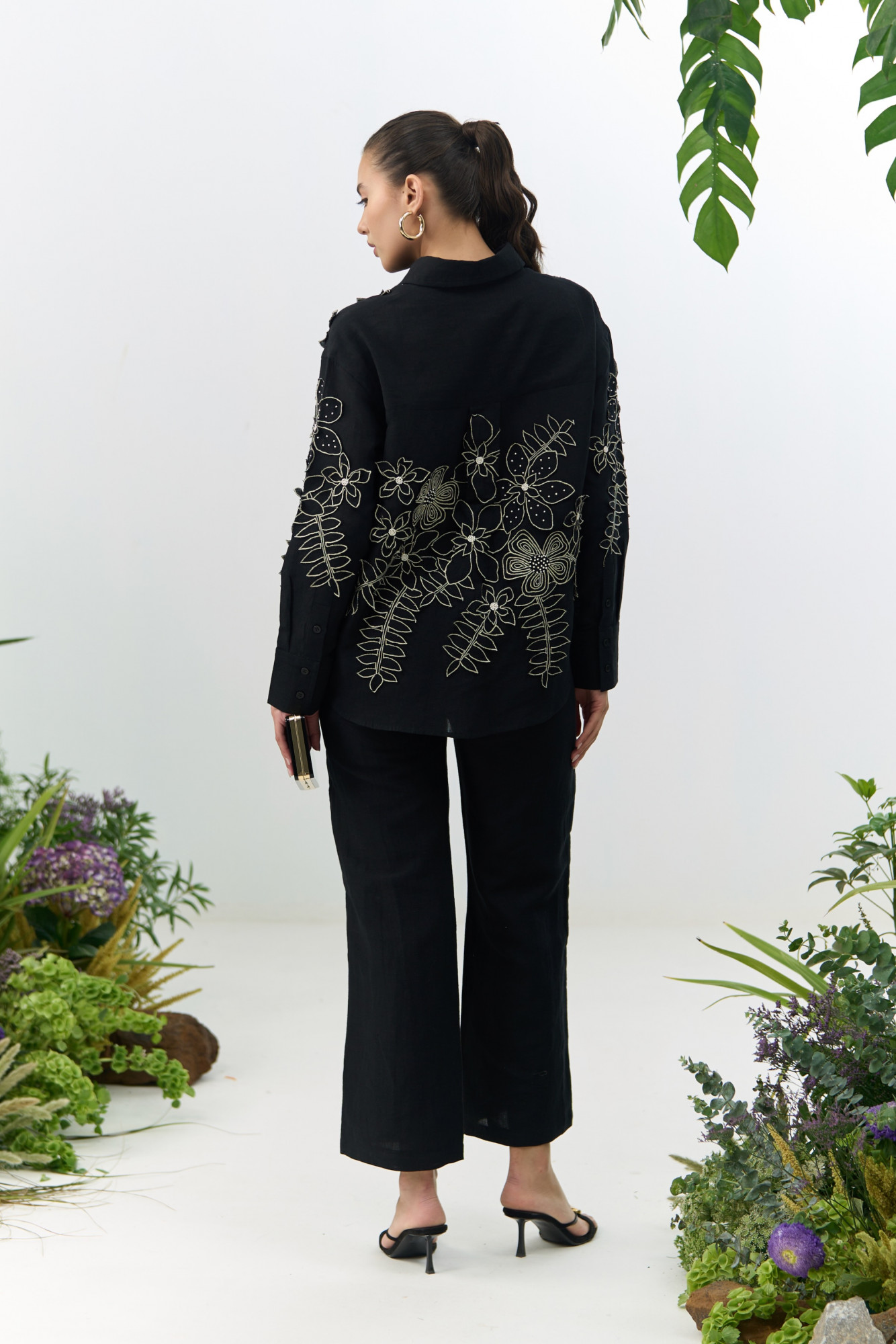 ATELIER RIVIERA BLACK COTTON LINEN SHIRT TUNIC PANTS CO-ORD SET WITH 3D FLOWER EMBROIDERY