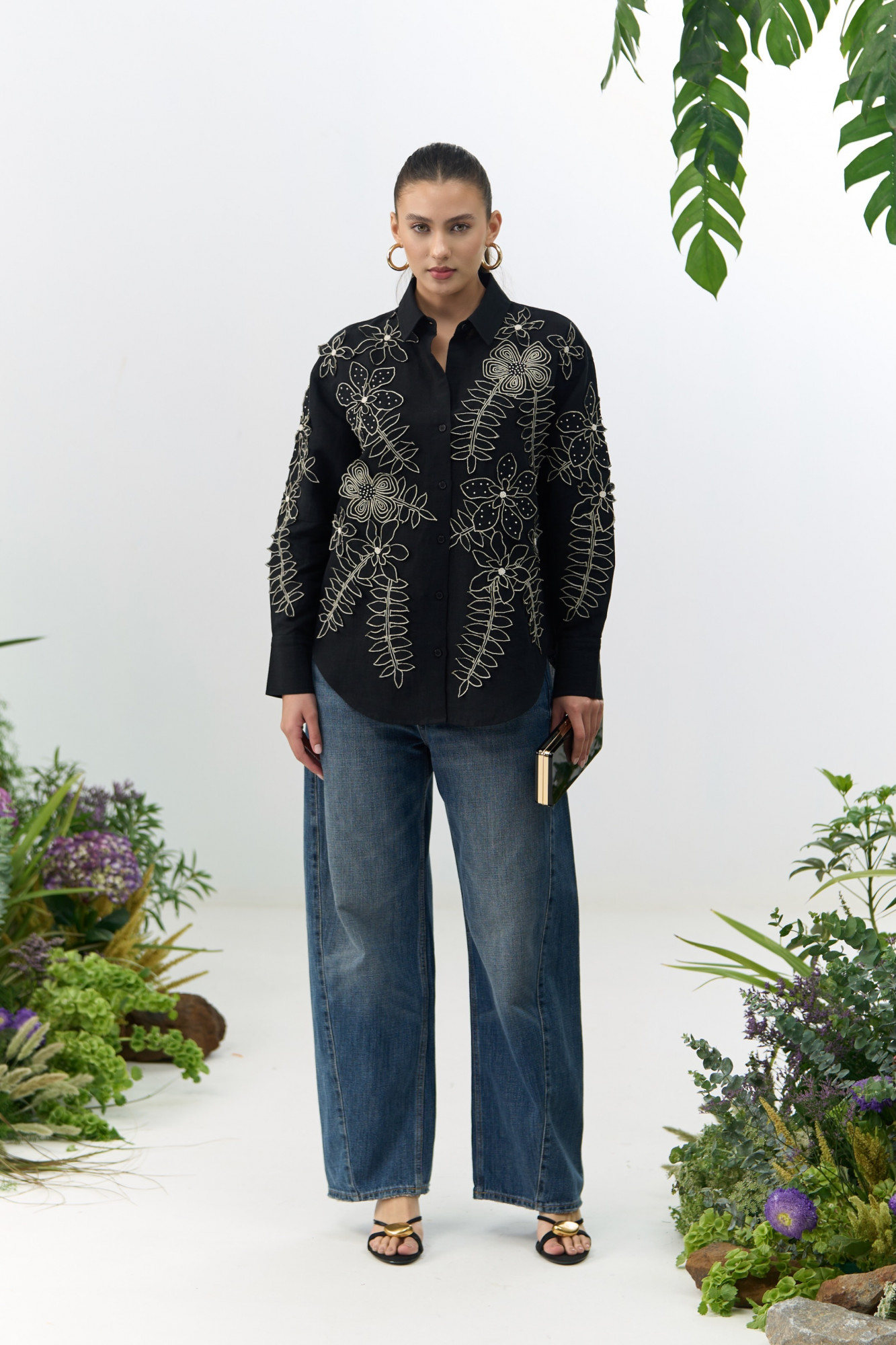 ATELIER RIVIERA BLACK COLOR COTTON LINEN SHIRT WITH 3D FLOWER EMBROIDERY