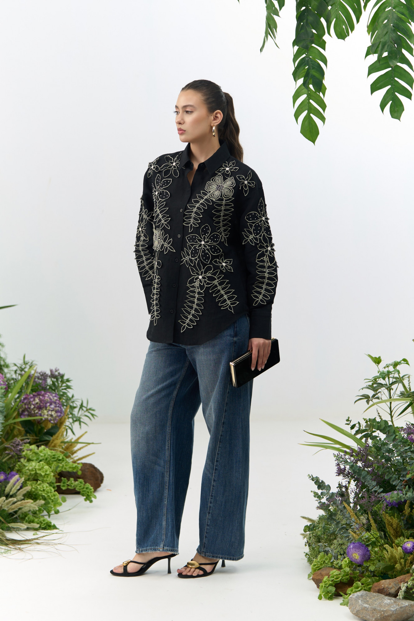 ATELIER RIVIERA BLACK COLOR COTTON LINEN SHIRT WITH 3D FLOWER EMBROIDERY