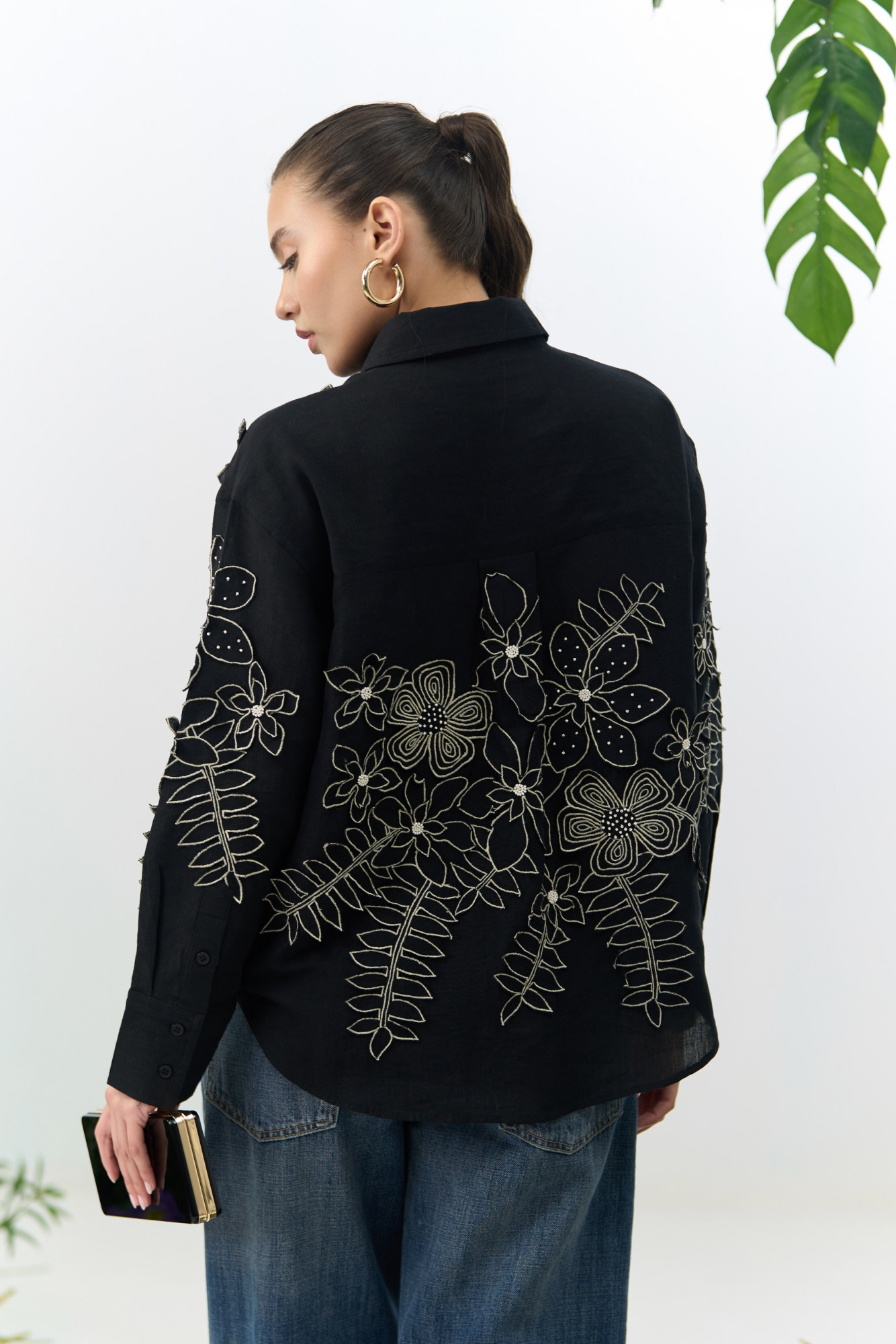 ATELIER RIVIERA BLACK COLOR COTTON LINEN SHIRT WITH 3D FLOWER EMBROIDERY