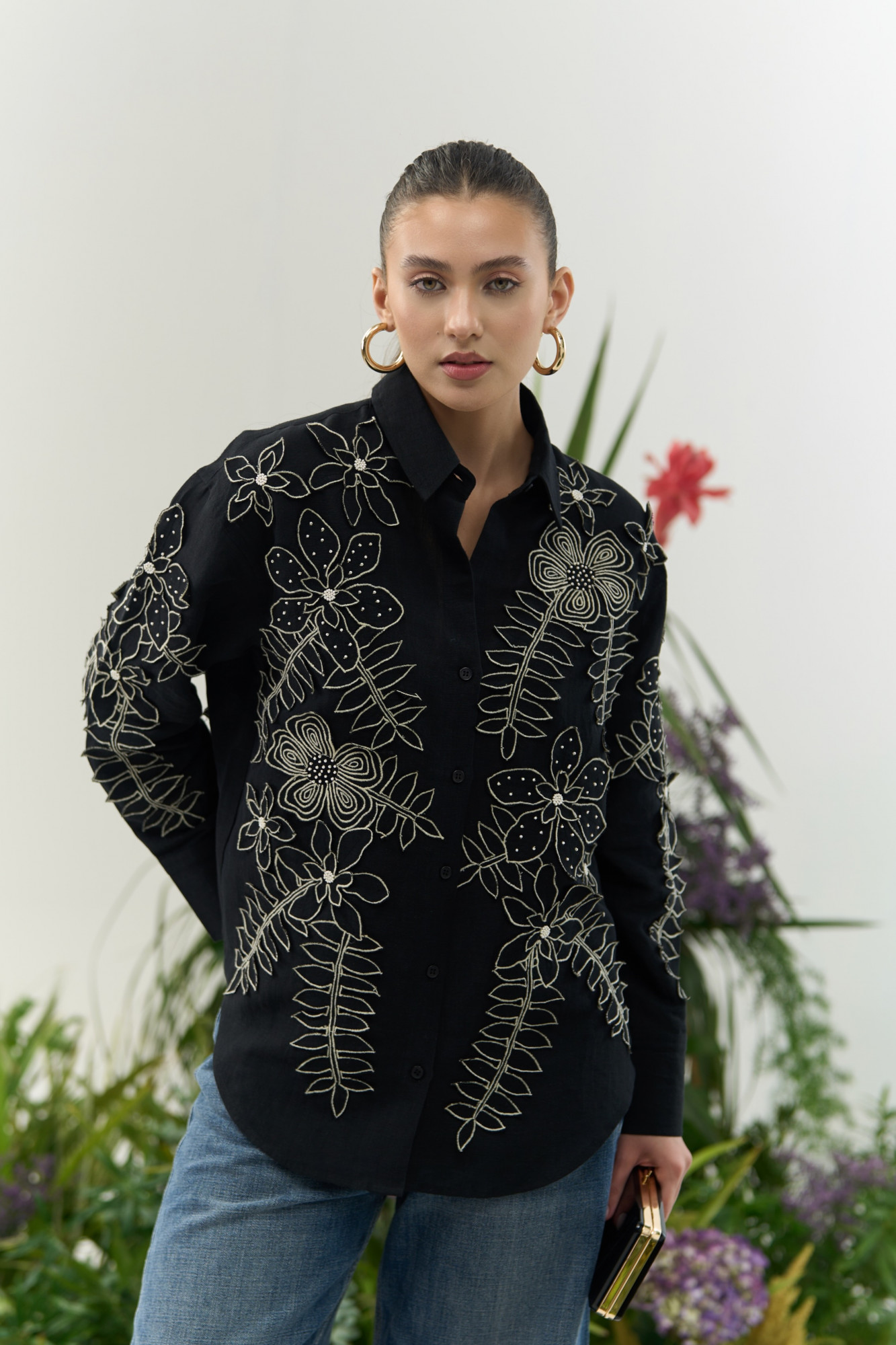 ATELIER RIVIERA BLACK COLOR COTTON LINEN SHIRT WITH 3D FLOWER EMBROIDERY
