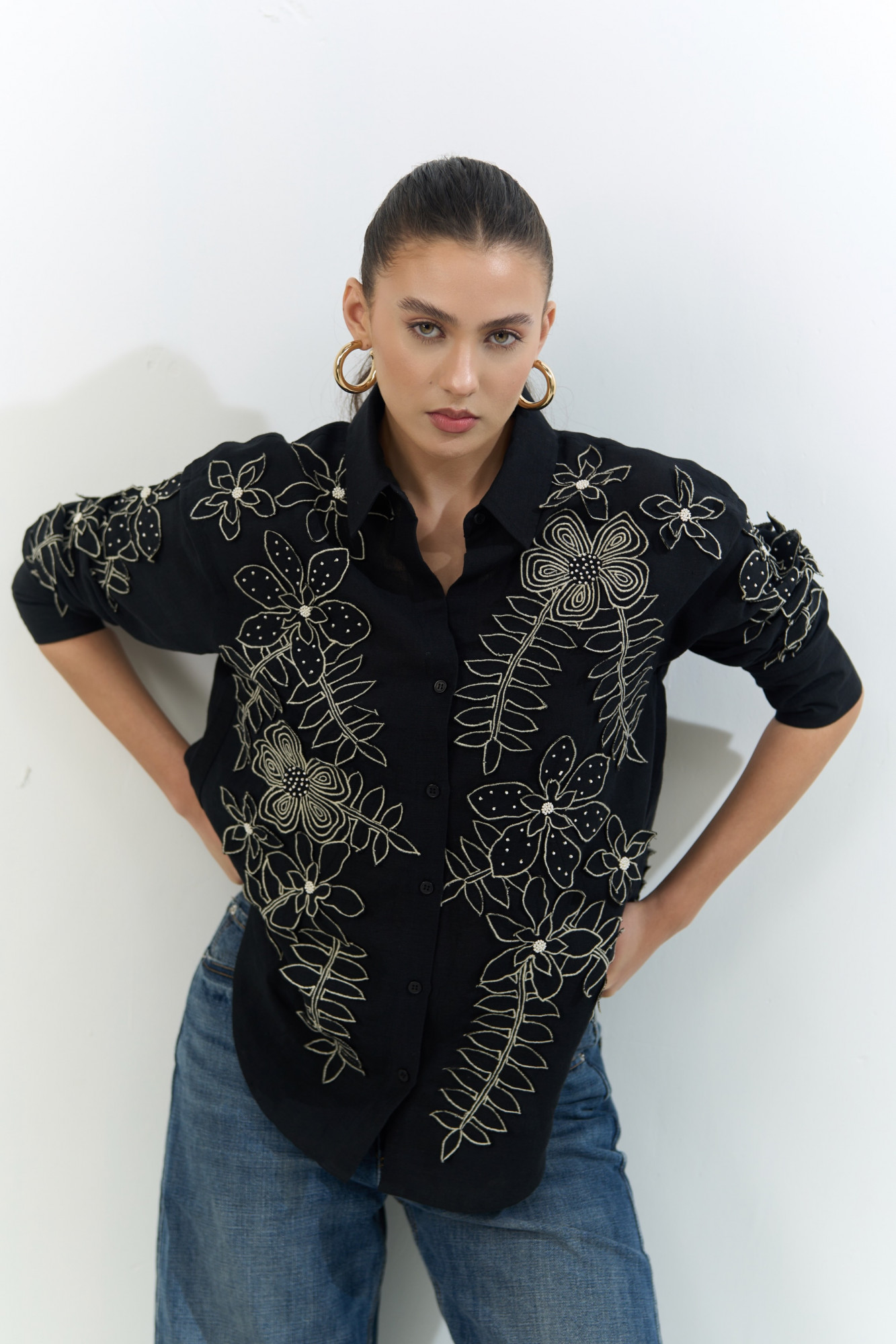 ATELIER RIVIERA BLACK COLOR COTTON LINEN SHIRT WITH 3D FLOWER EMBROIDERY