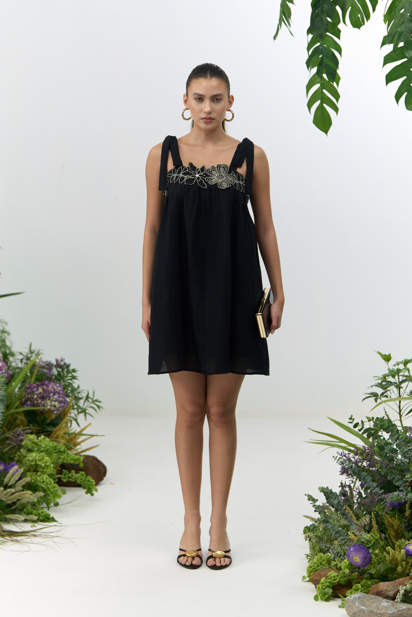 ATELIER RIVIERA BLACK COTTON LINEN KNEE LENGTH DRESS WITH 3D FLOWER EMBROIDERY