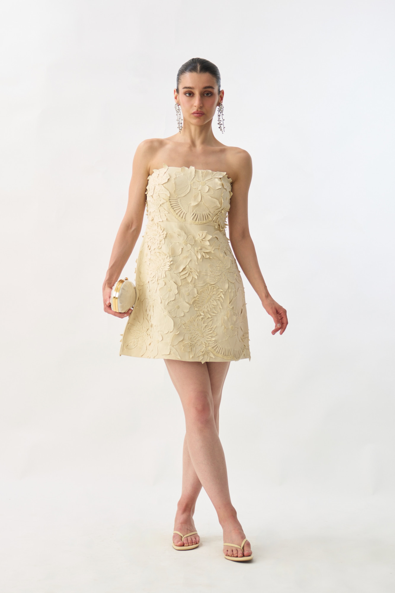 GARDEN OF SICILIA  CREAM COLOR OFF SHOULDER CORSET DRESS WITH DELICATE FLORAL EMBROIDERY ALL OVER