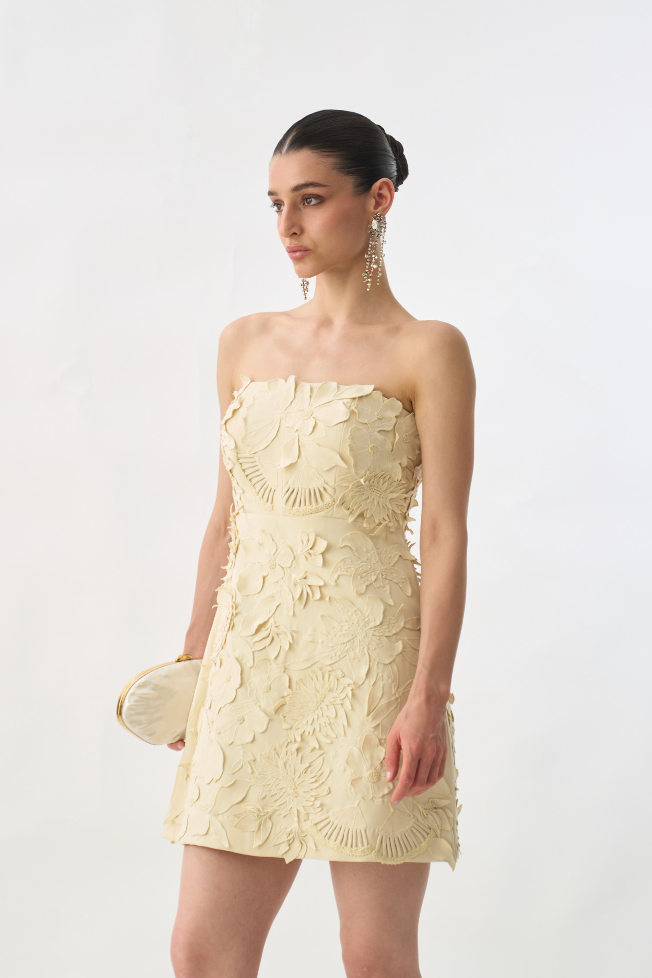 GARDEN OF SICILIA CREAM COLOR OFF SHOULDER CORSET DRESS WITH DELICATE FLORAL EMBROIDERY ALL OVER
