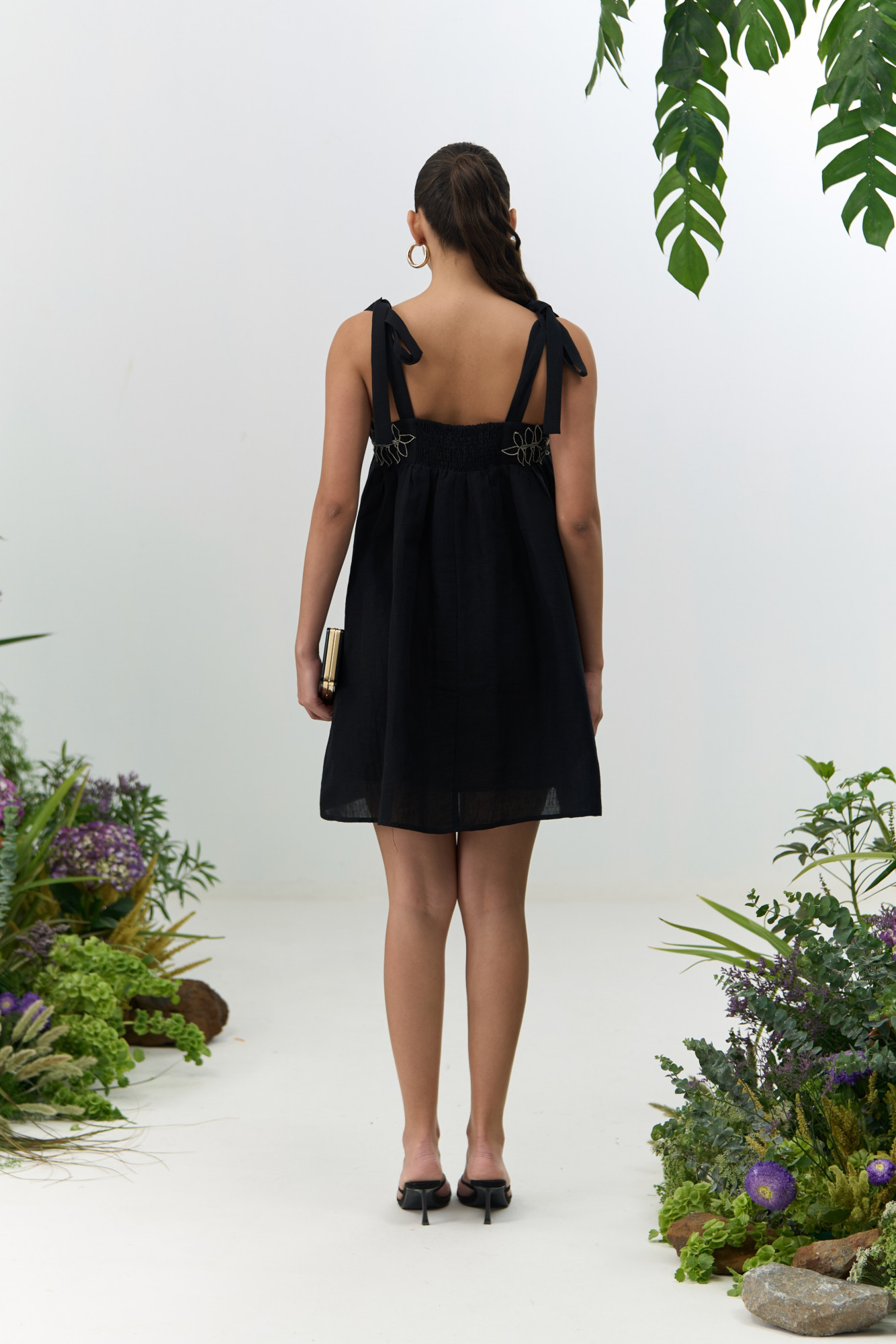 ATELIER RIVIERA BLACK COTTON LINEN KNEE LENGTH DRESS WITH 3D FLOWER EMBROIDERY