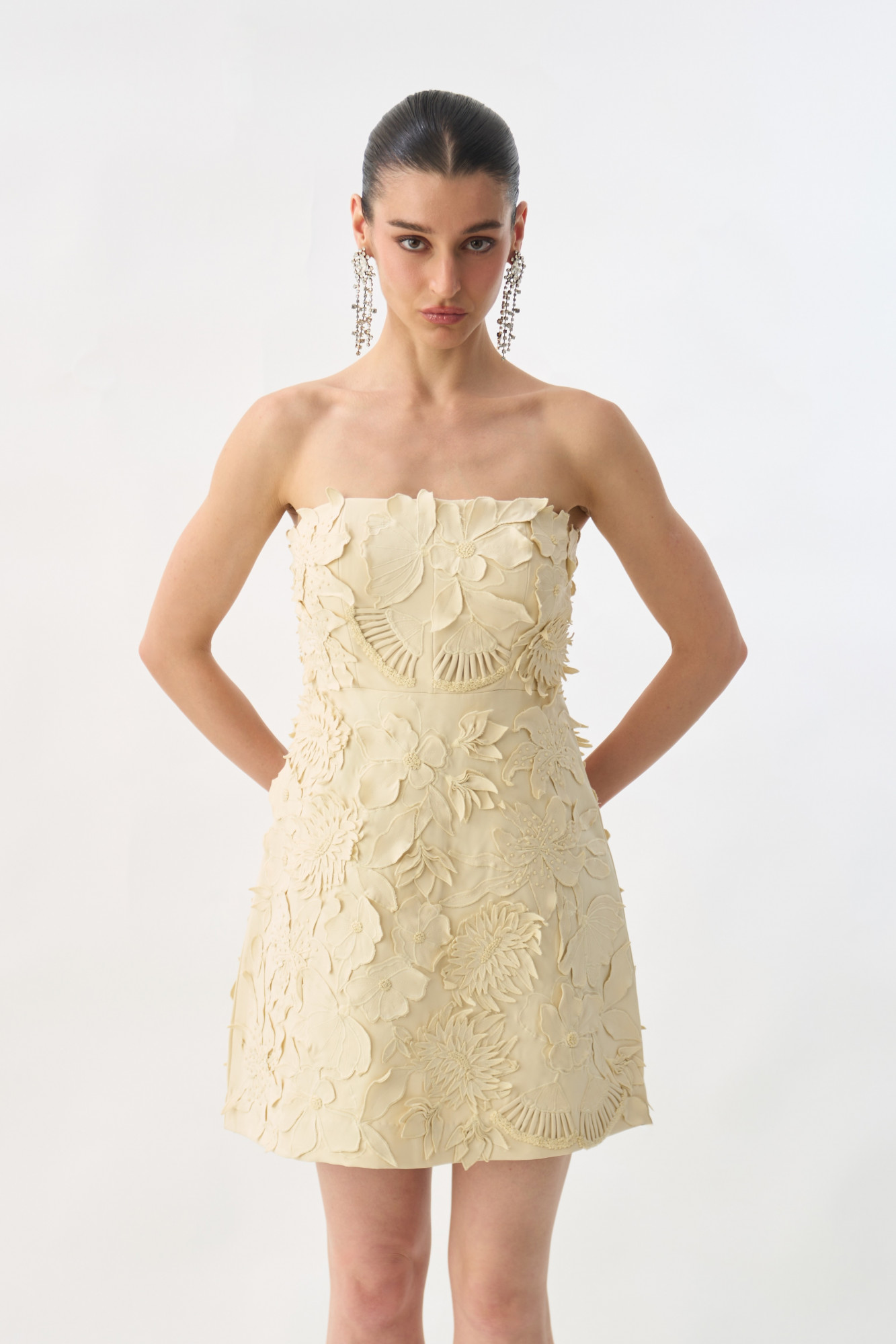 GARDEN OF SICILIA  CREAM COLOR OFF SHOULDER CORSET DRESS WITH DELICATE FLORAL EMBROIDERY ALL OVER