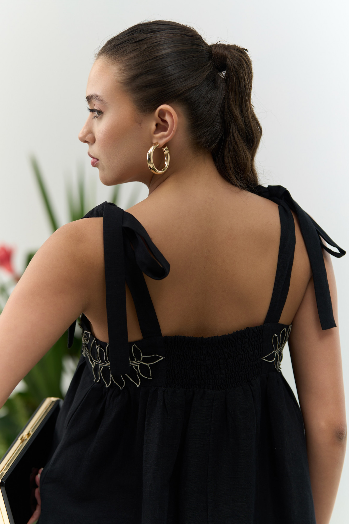 ATELIER RIVIERA BLACK COTTON LINEN KNEE LENGTH DRESS WITH 3D FLOWER EMBROIDERY