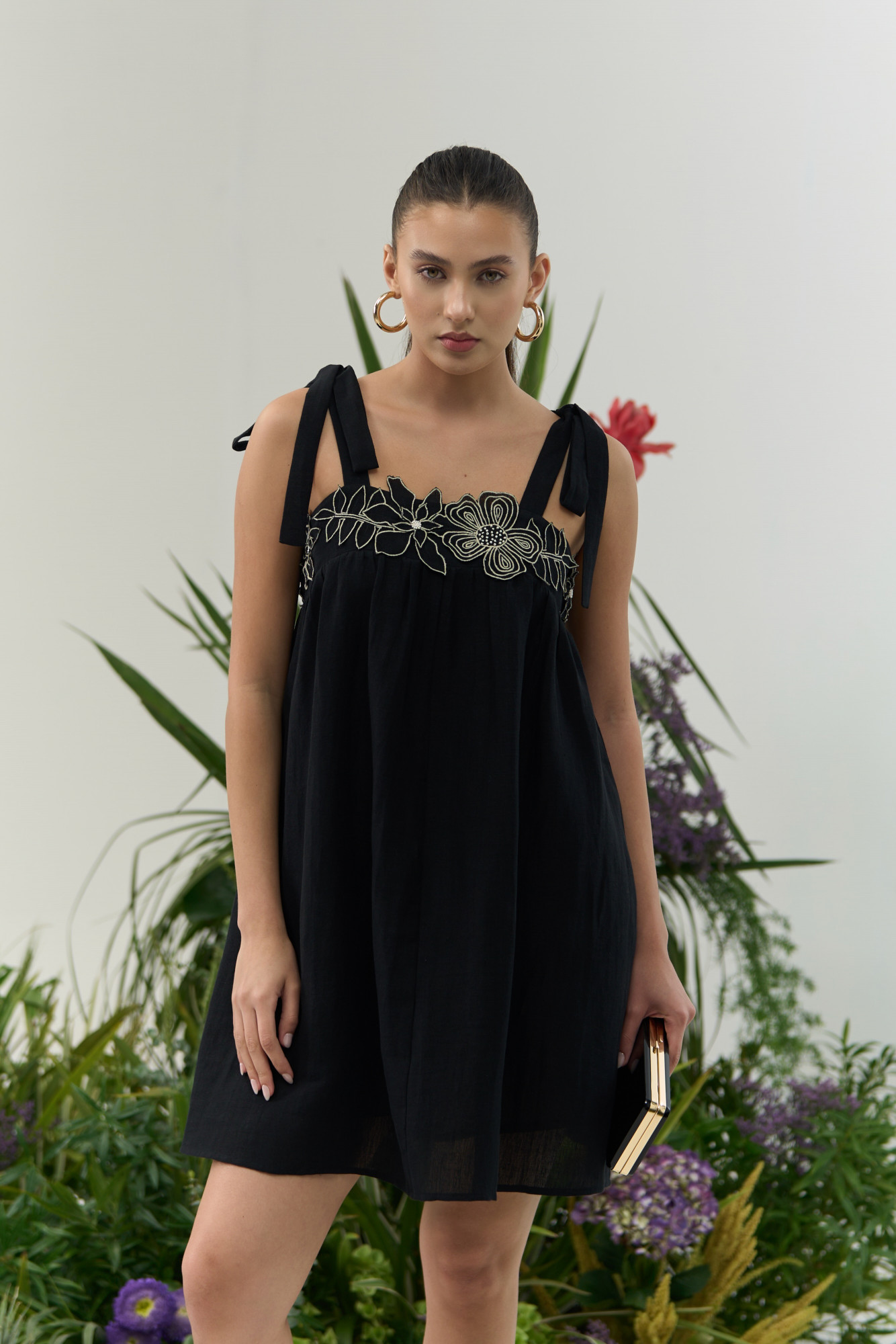 ATELIER RIVIERA BLACK COTTON LINEN KNEE LENGTH DRESS WITH 3D FLOWER EMBROIDERY