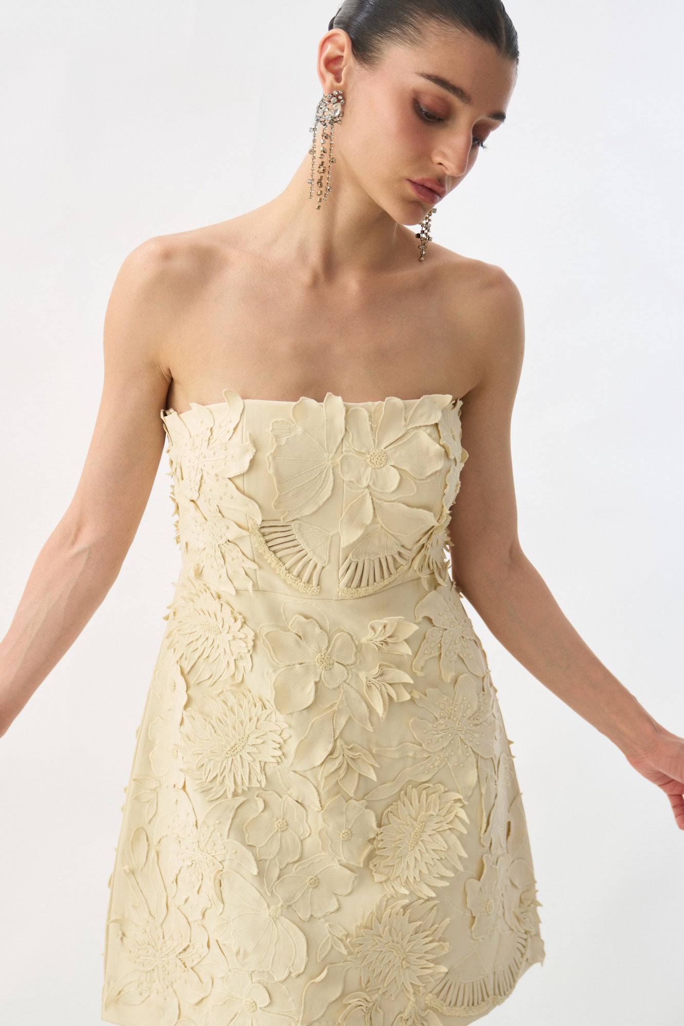 GARDEN OF SICILIA  CREAM COLOR OFF SHOULDER CORSET DRESS WITH DELICATE FLORAL EMBROIDERY ALL OVER