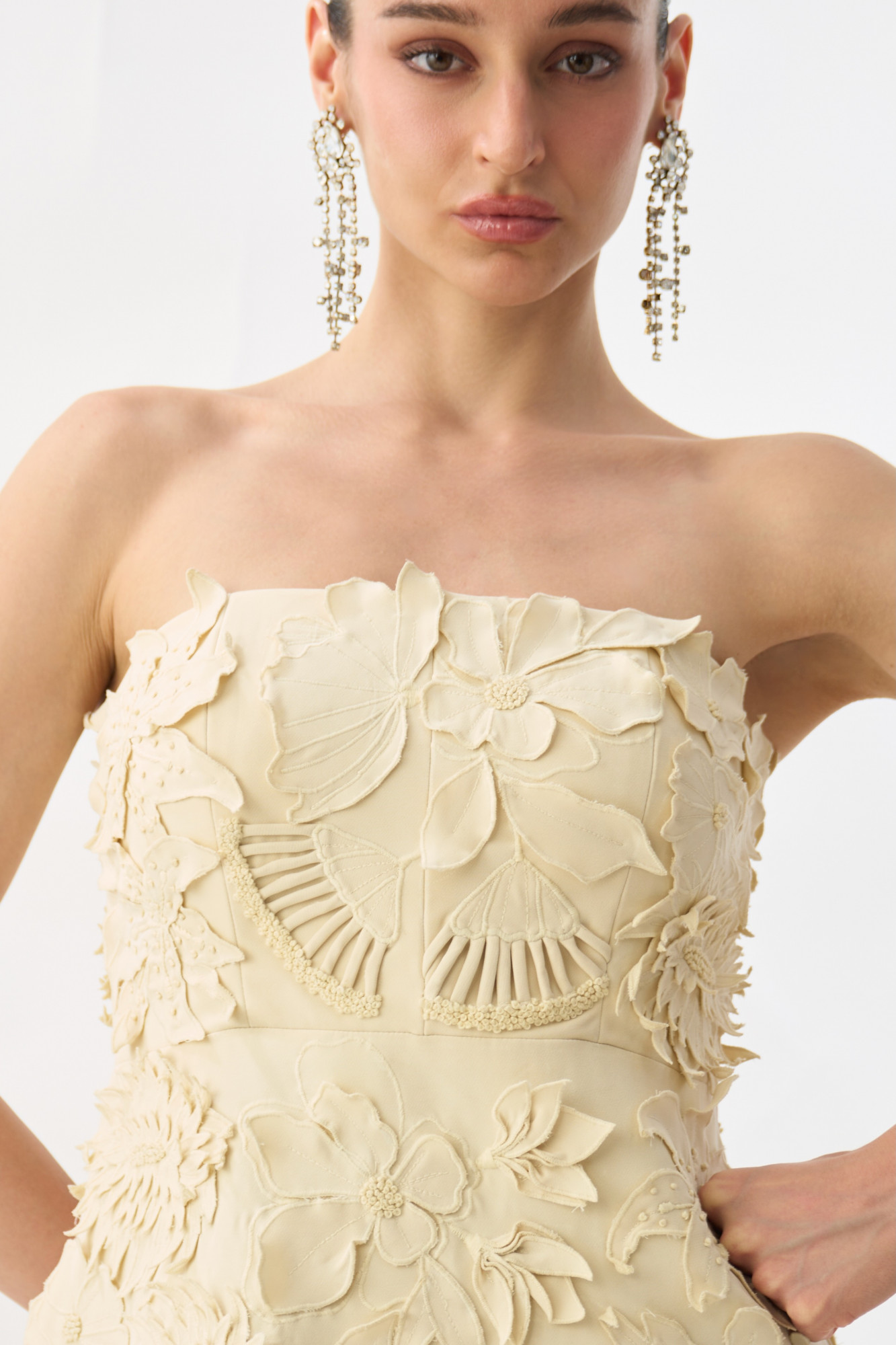 GARDEN OF SICILIA  CREAM COLOR OFF SHOULDER CORSET DRESS WITH DELICATE FLORAL EMBROIDERY ALL OVER