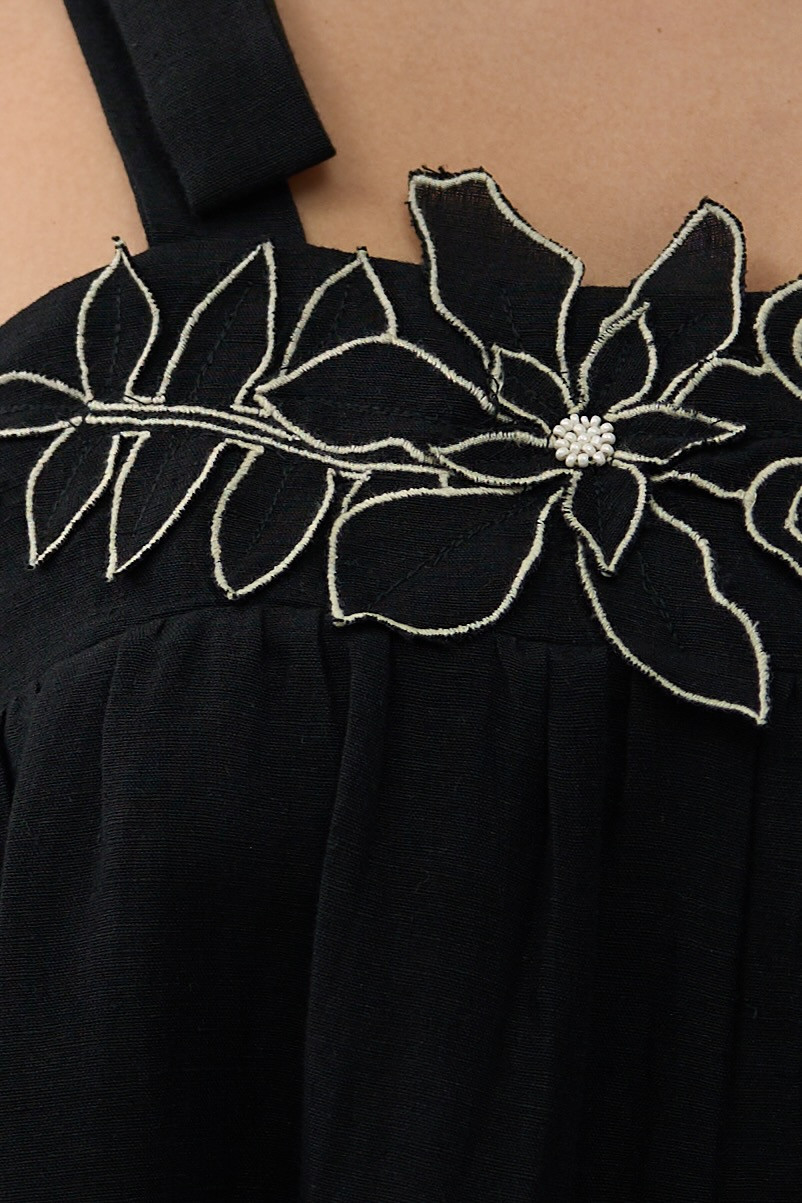 ATELIER RIVIERA BLACK COTTON LINEN KNEE LENGTH DRESS WITH 3D FLOWER EMBROIDERY