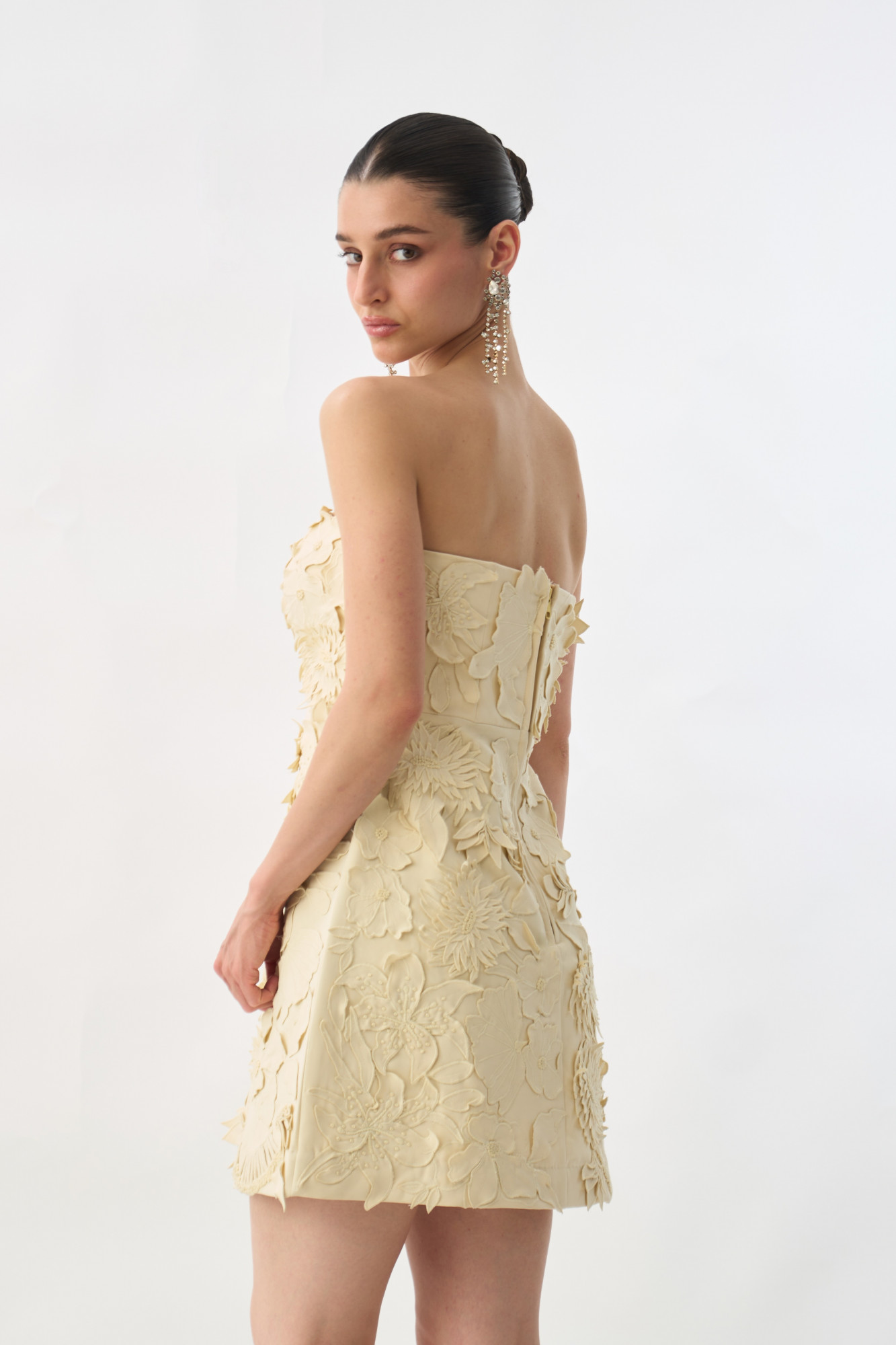 GARDEN OF SICILIA  CREAM COLOR OFF SHOULDER CORSET DRESS WITH DELICATE FLORAL EMBROIDERY ALL OVER