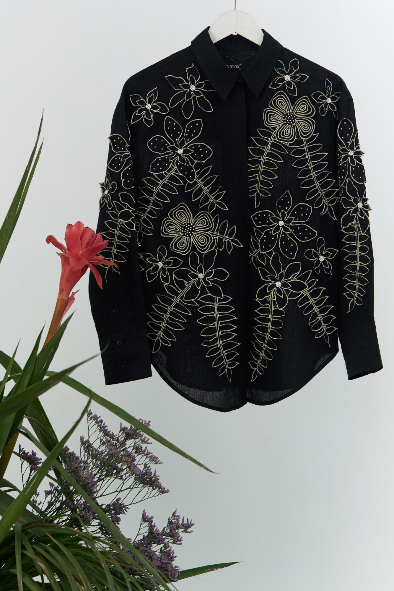 ATELIER RIVIERA BLACK COTTON LINEN SHIRT TUNIC PANTS CO-ORD SET WITH 3D FLOWER EMBROIDERY