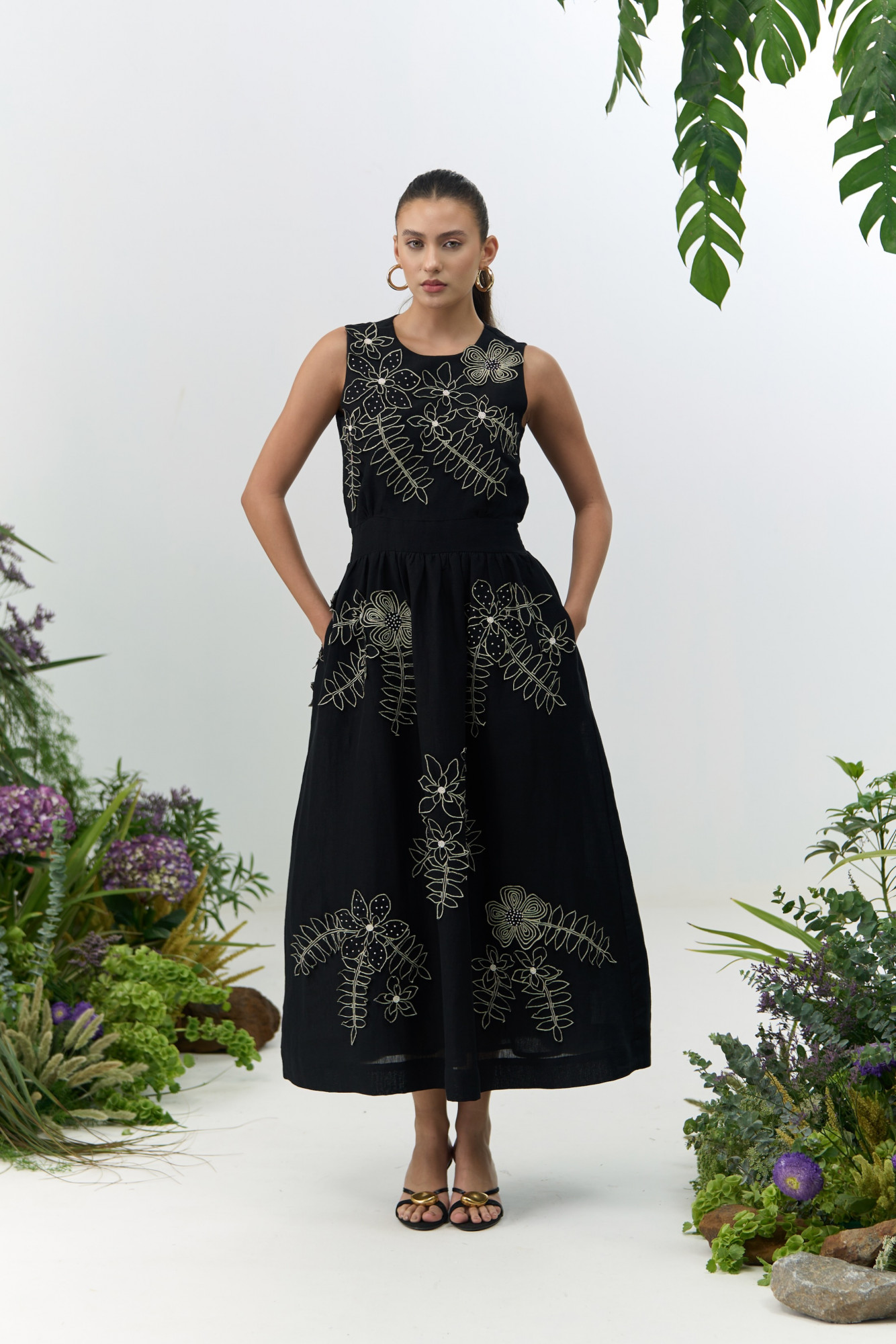 ATELIER RIVIERA BLACK COLOR COTTON LINEN MIDI LENGTH SLEEVELESS DRESS WITH 3D FLOWER EMBROIDERY