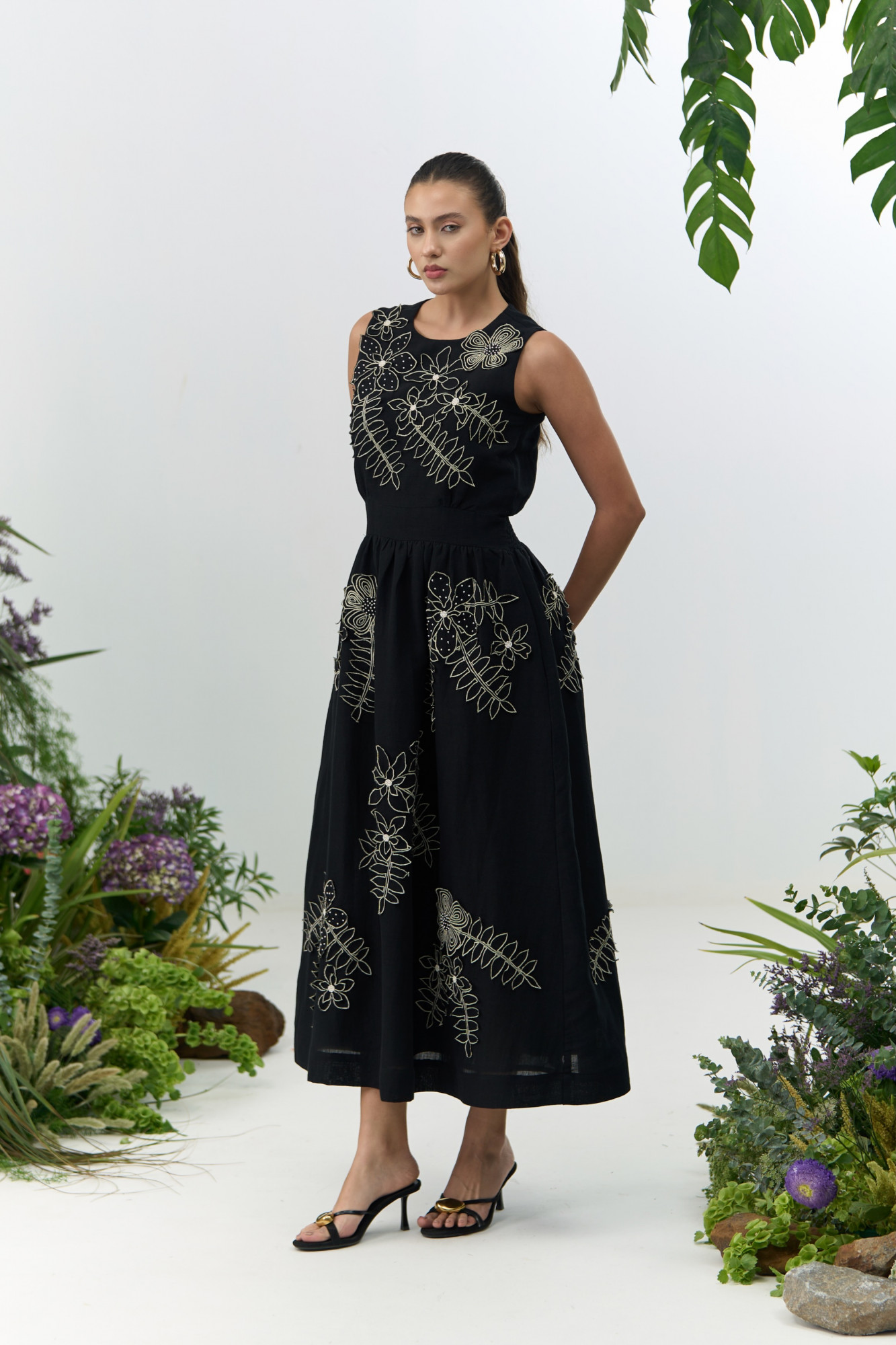 ATELIER RIVIERA BLACK COLOR COTTON LINEN MIDI LENGTH SLEEVELESS DRESS WITH 3D FLOWER EMBROIDERY