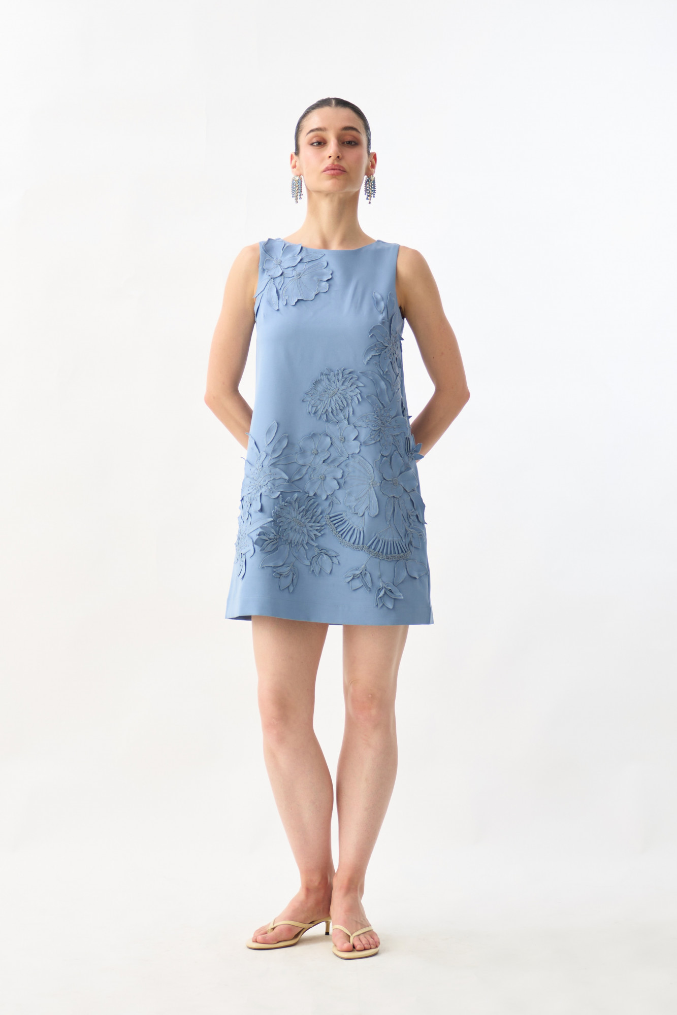 GARDEN OF SICILIA MIST BLUE COLOR SHIFT DRESS WITH DELICATE FLORAL EMBROIDERY