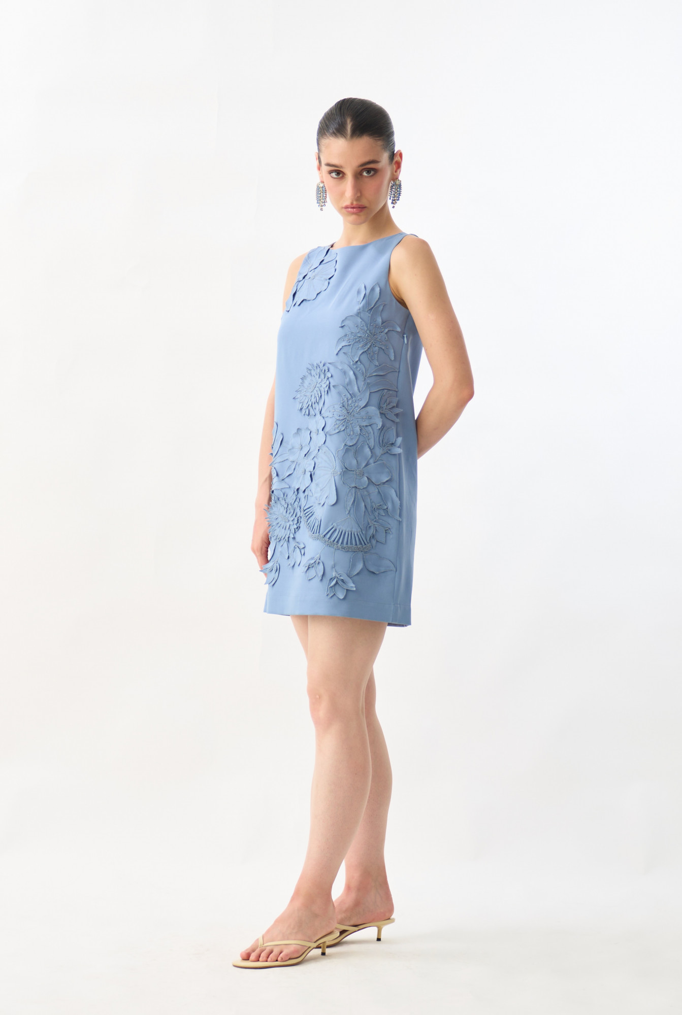 GARDEN OF SICILIA MIST BLUE COLOR SHIFT DRESS WITH DELICATE FLORAL EMBROIDERY