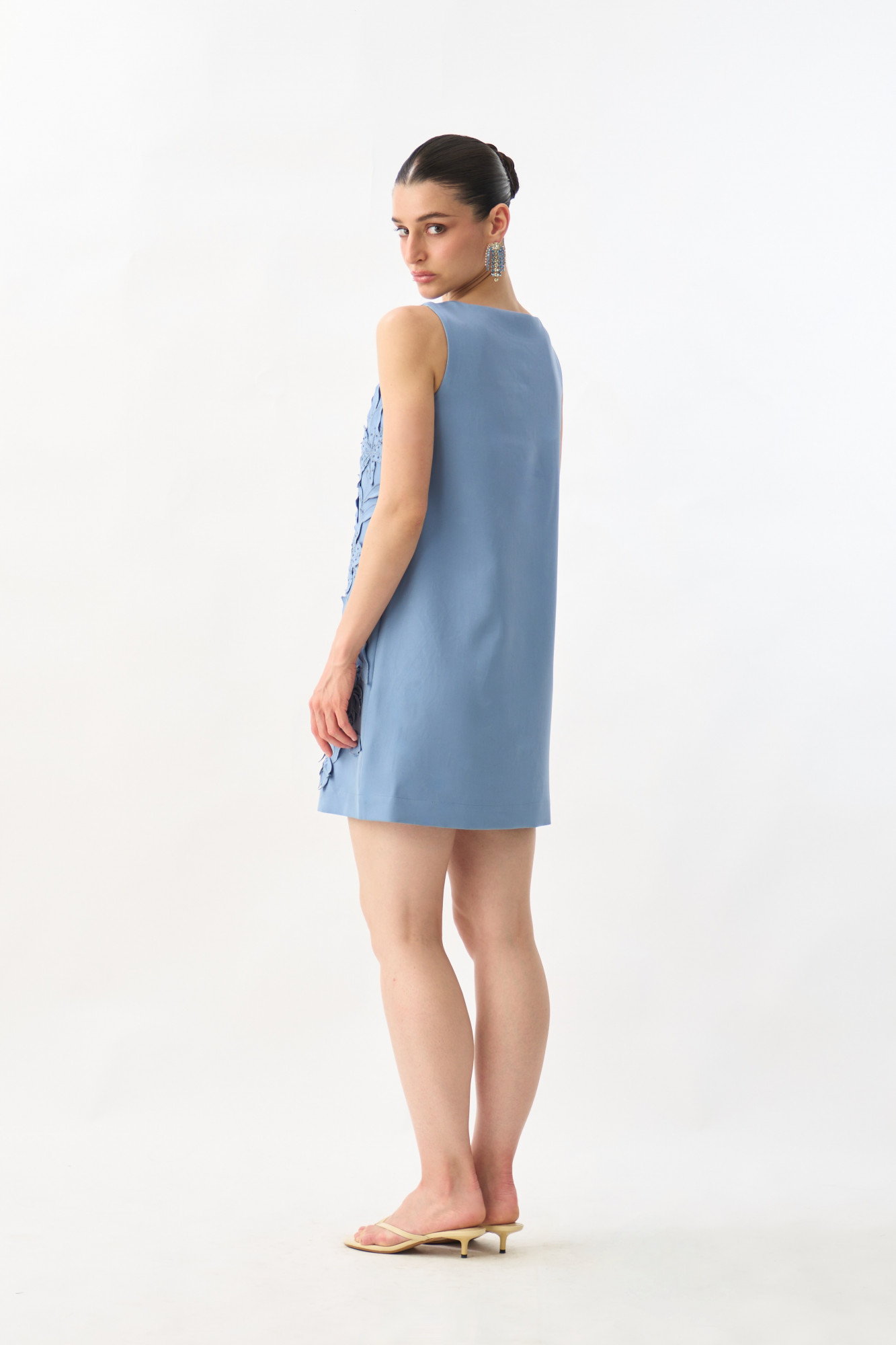 GARDEN OF SICILIA MIST BLUE COLOR SHIFT DRESS WITH DELICATE FLORAL EMBROIDERY