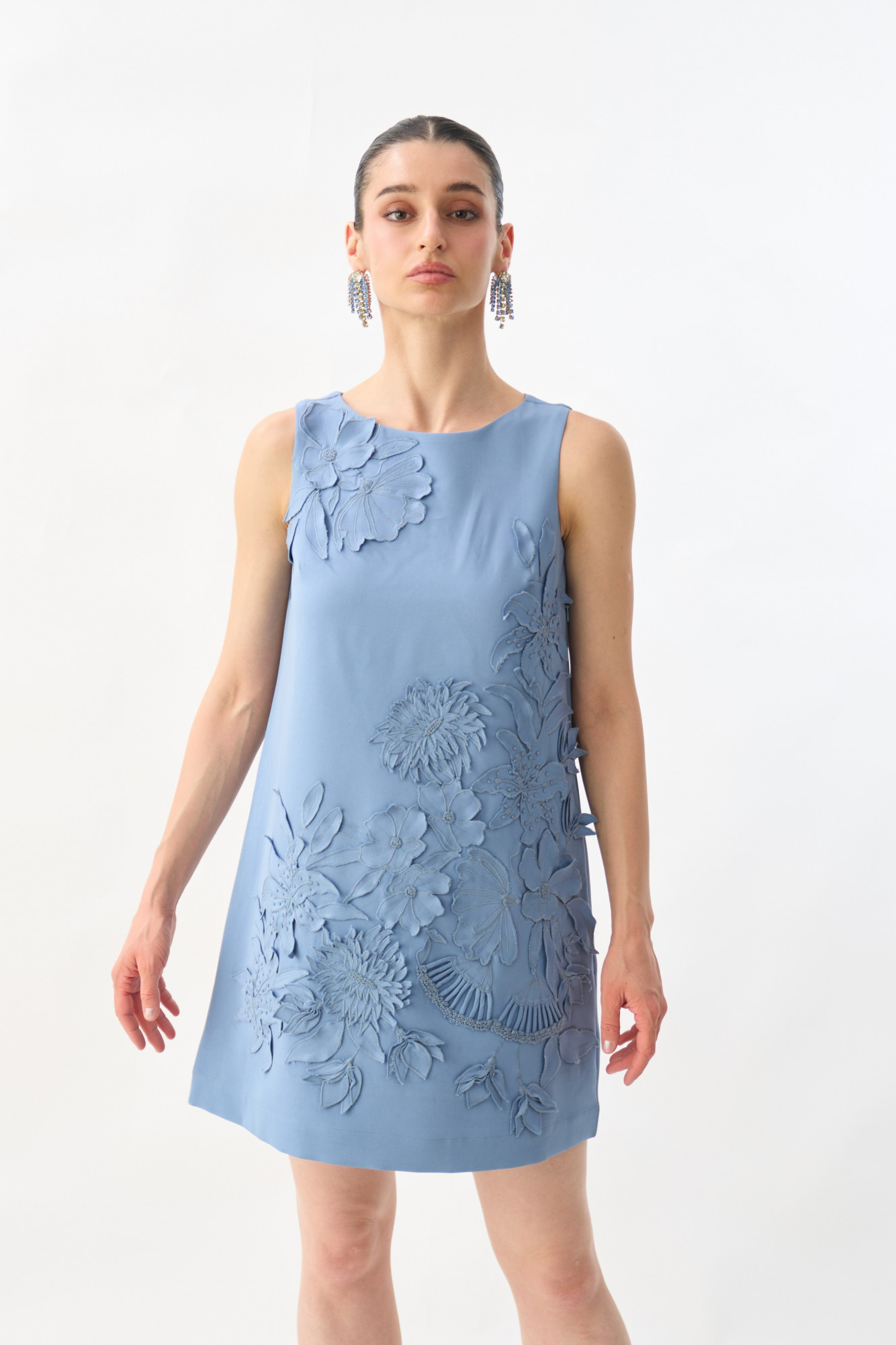 GARDEN OF SICILIA MIST BLUE COLOR SHIFT DRESS WITH DELICATE FLORAL EMBROIDERY