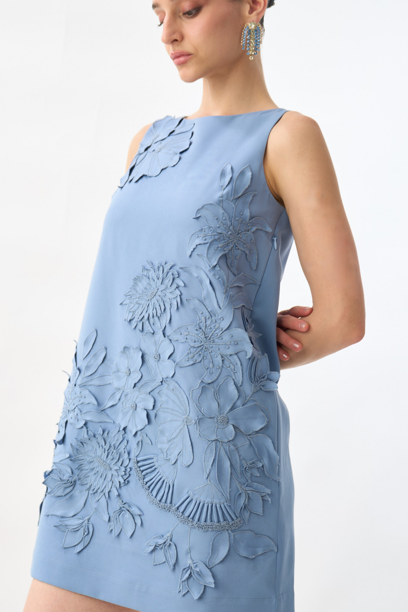 GARDEN OF SICILIA MIST BLUE COLOR SHIFT DRESS WITH DELICATE FLORAL EMBROIDERY