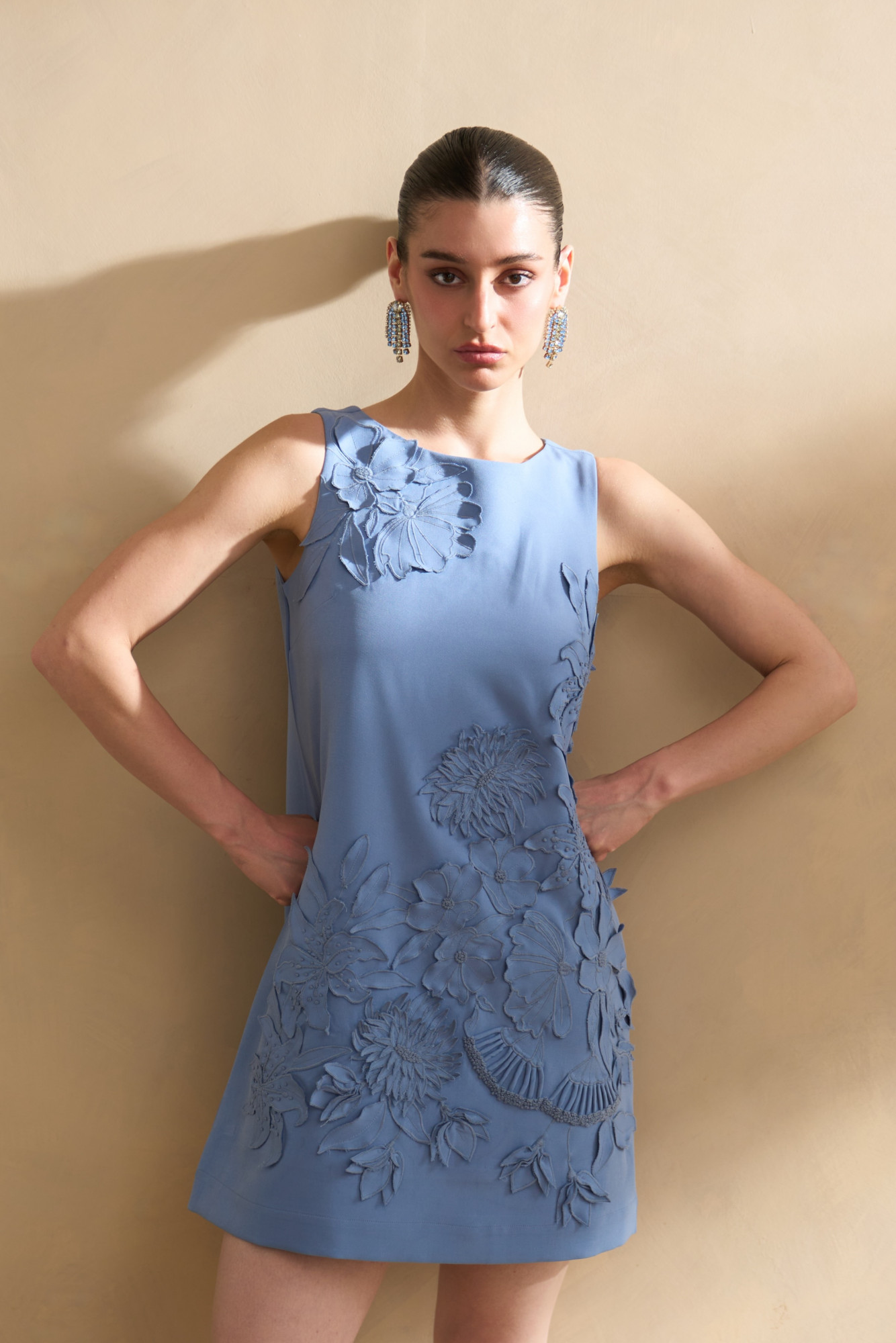 GARDEN OF SICILIA MIST BLUE COLOR SHIFT DRESS WITH DELICATE FLORAL EMBROIDERY