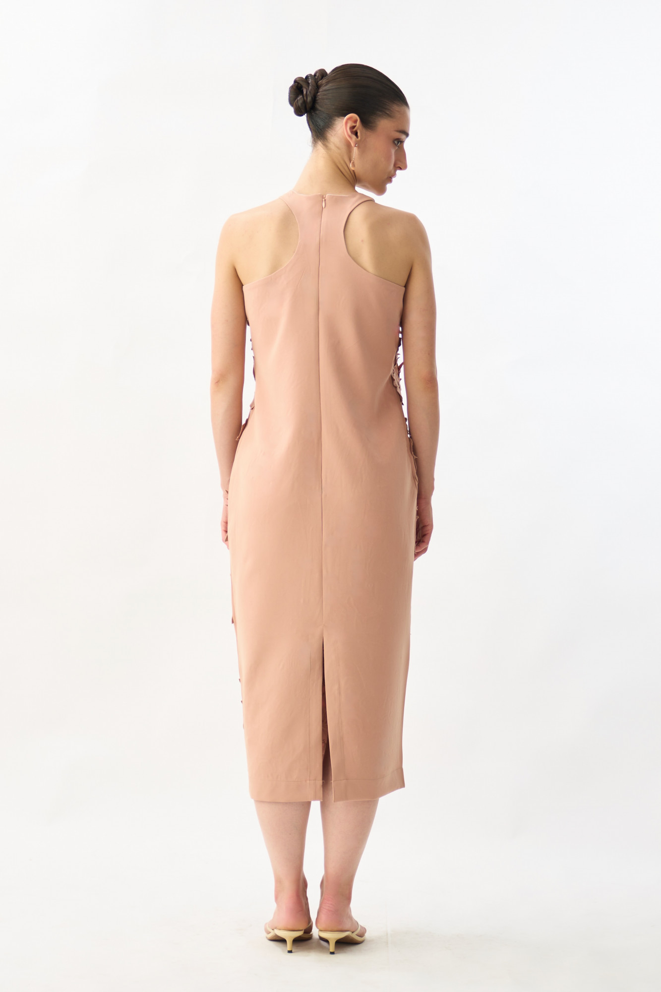 GARDEN OF SICILIA DUSTY PEACH COLOR MIDI LENGTH DRESS WITH DELICATE FLORAL EMBROIDERY
