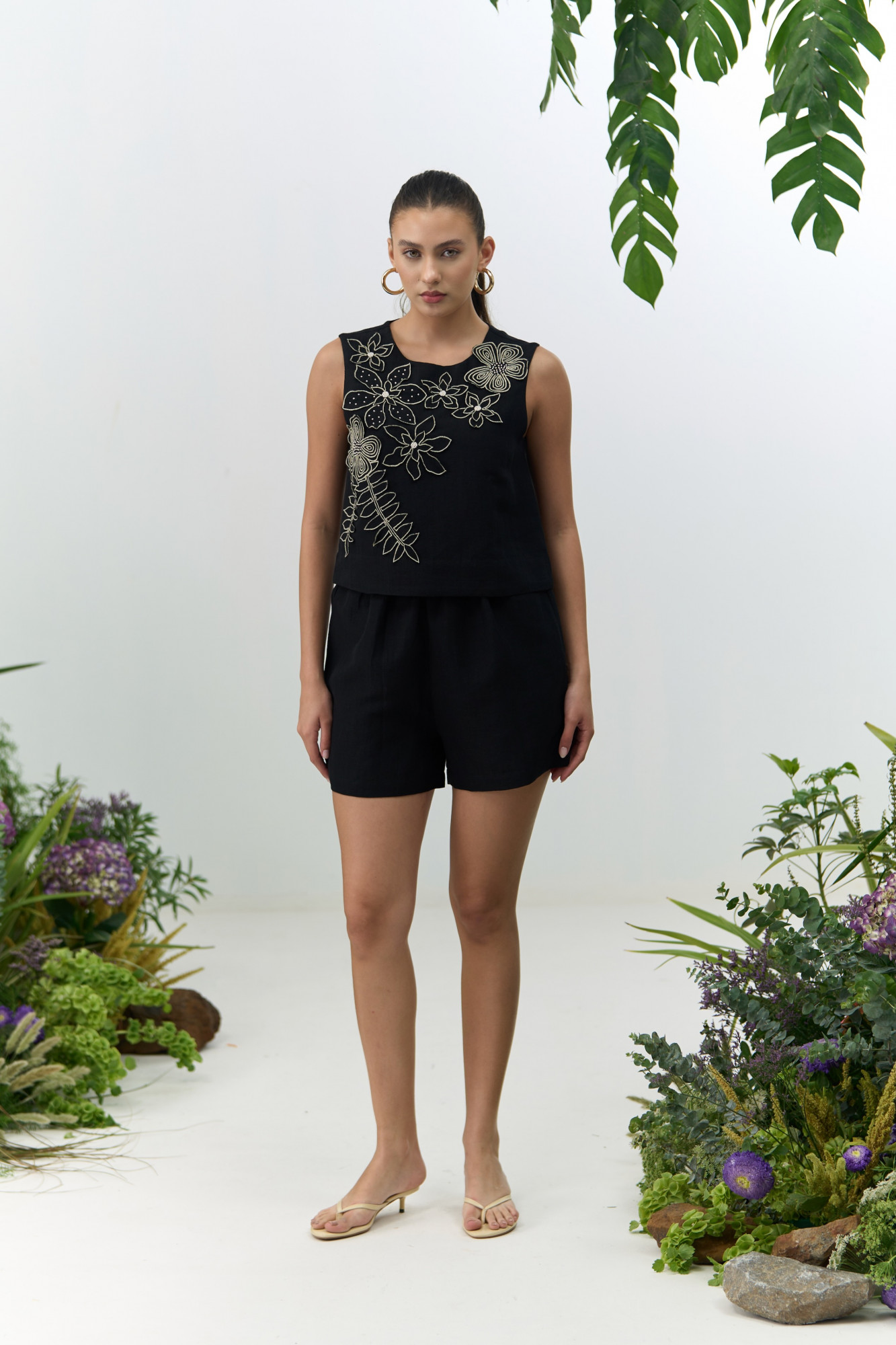 ATELIER RIVIERA BLACK COTTON LINEN SLEEVELESS TOP SHORTS CO-ORD SET WITH 3D FLOWER EMBROIDERY