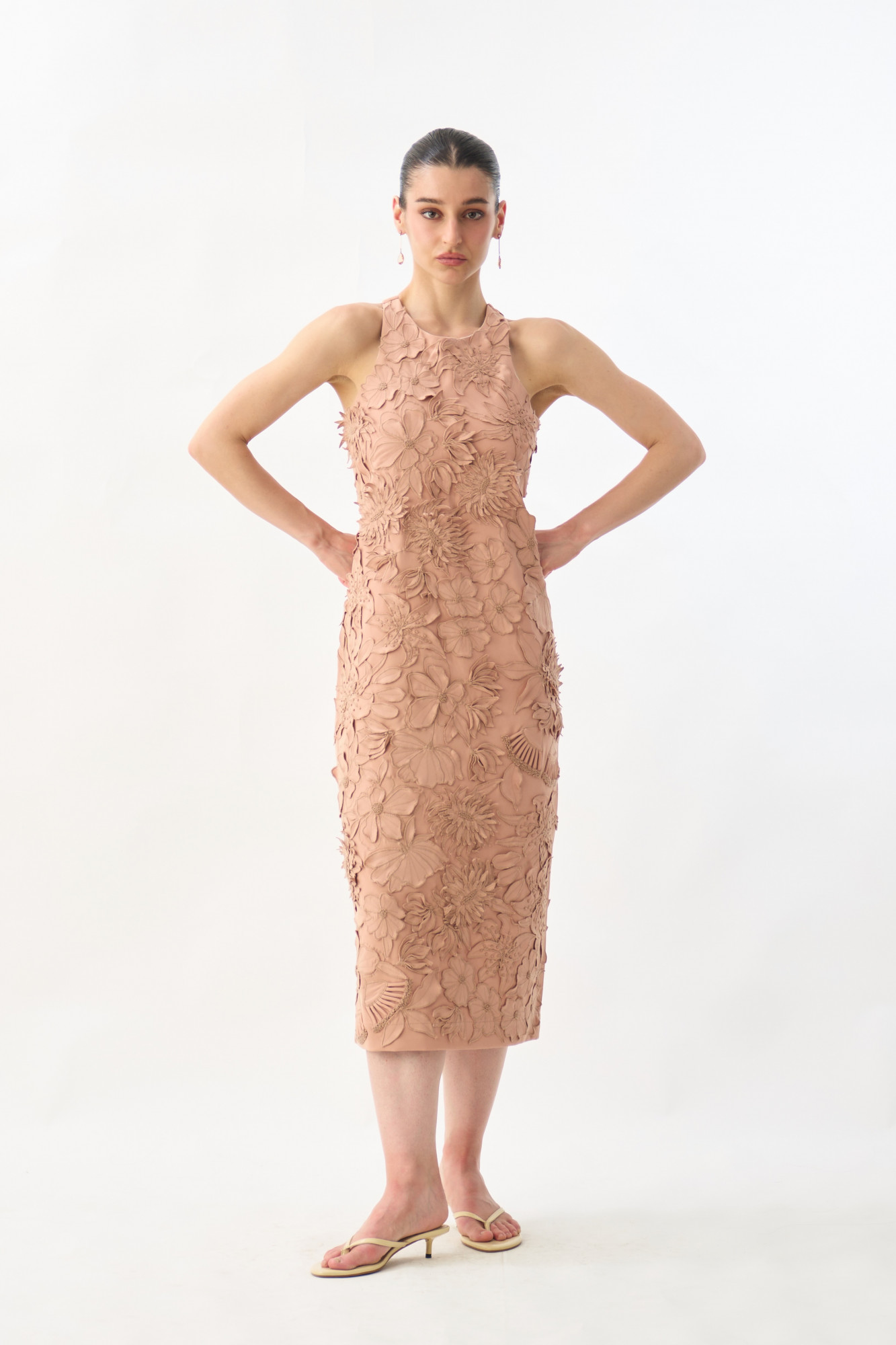 GARDEN OF SICILIA DUSTY PEACH COLOR MIDI LENGTH DRESS WITH DELICATE FLORAL EMBROIDERY