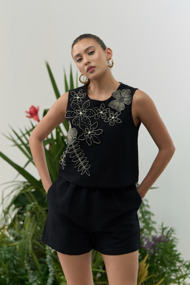 Image of ATELIER RIVIERA BLACK COTTON LINEN SLEEVELESS TOP &amp; SHORTS CO-ORD SET WITH 3D FLOWER EMBROIDERY