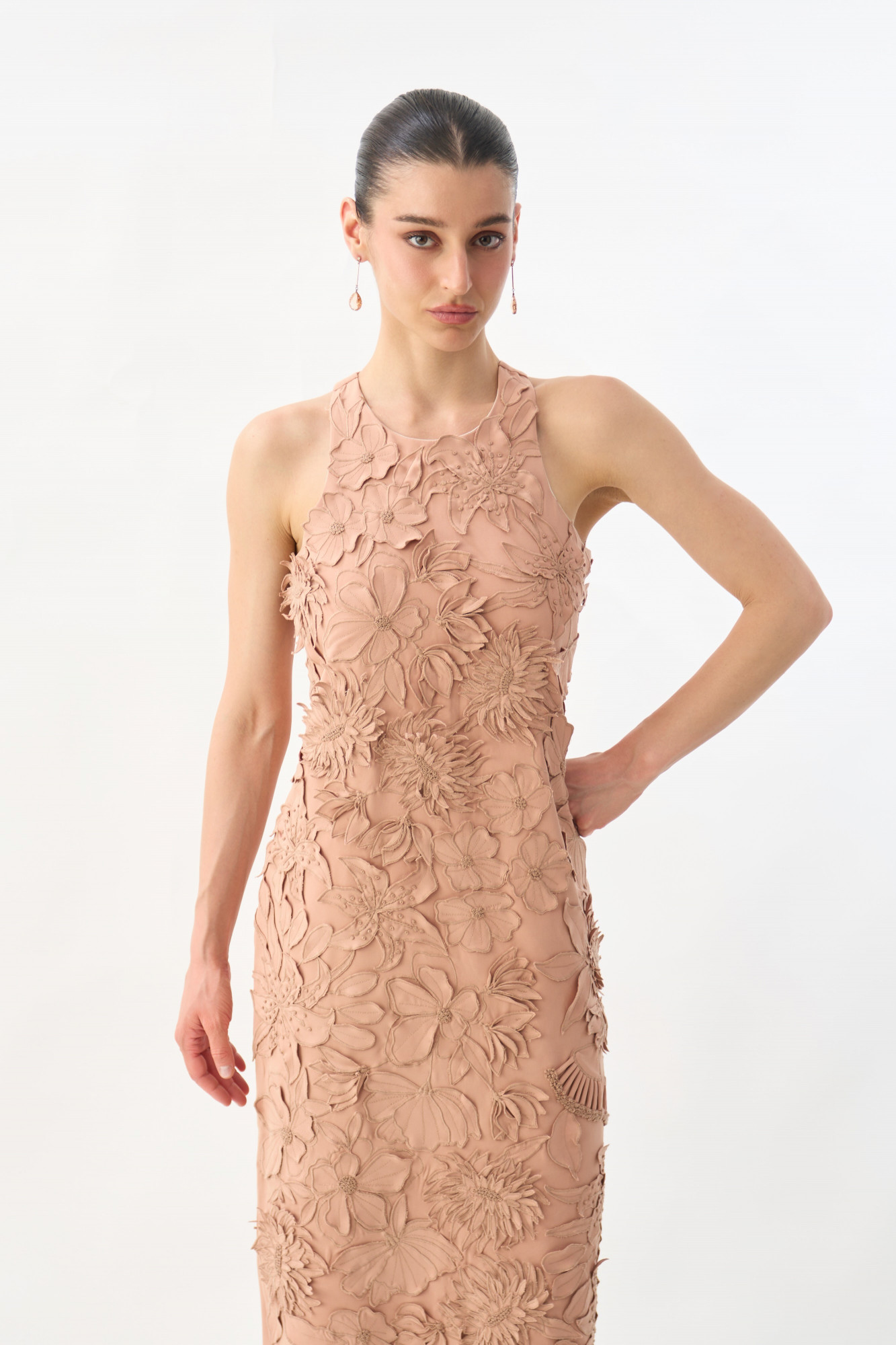 GARDEN OF SICILIA DUSTY PEACH COLOR MIDI LENGTH DRESS WITH DELICATE FLORAL EMBROIDERY