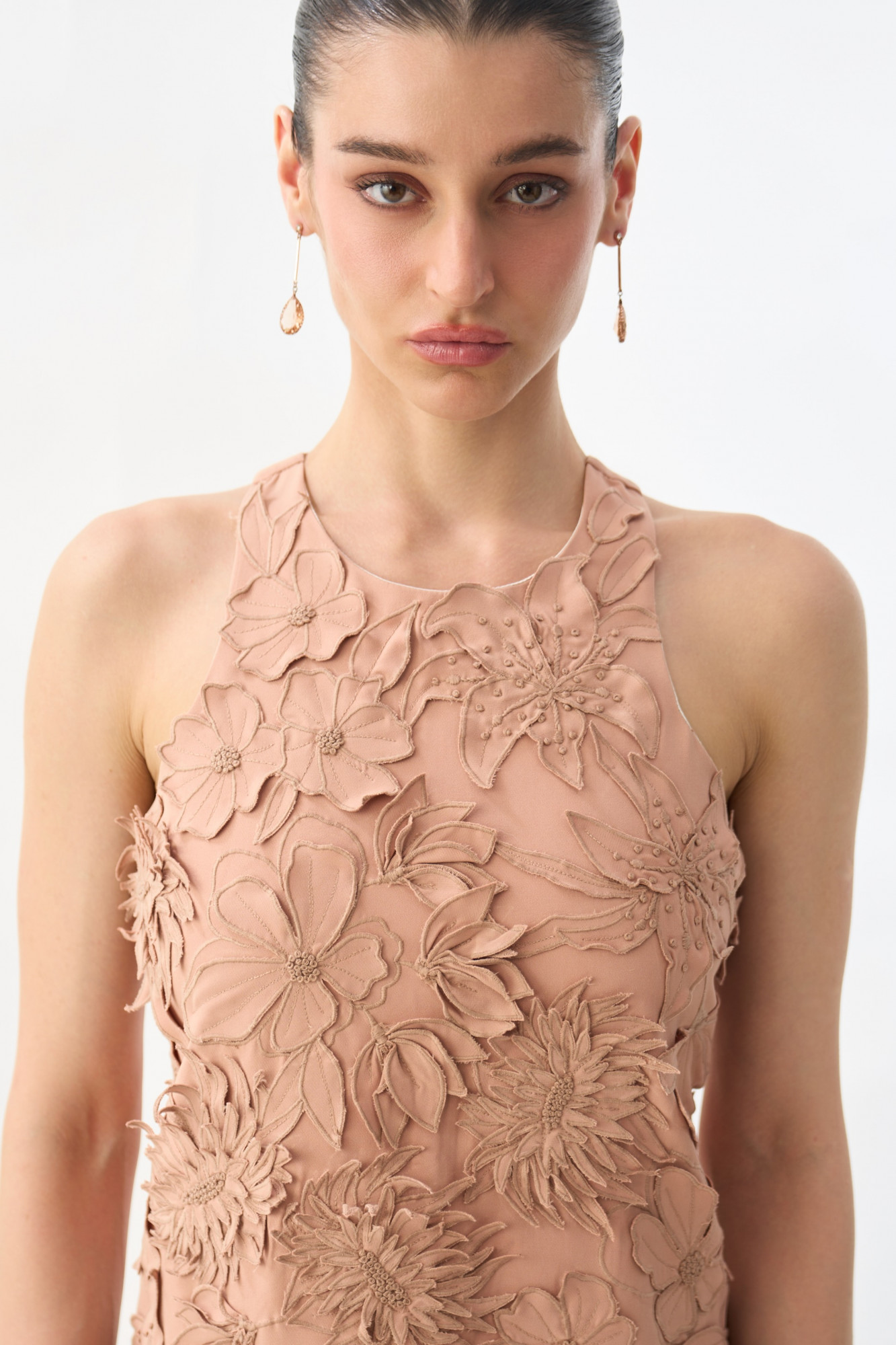 GARDEN OF SICILIA DUSTY PEACH COLOR MIDI LENGTH DRESS WITH DELICATE FLORAL EMBROIDERY