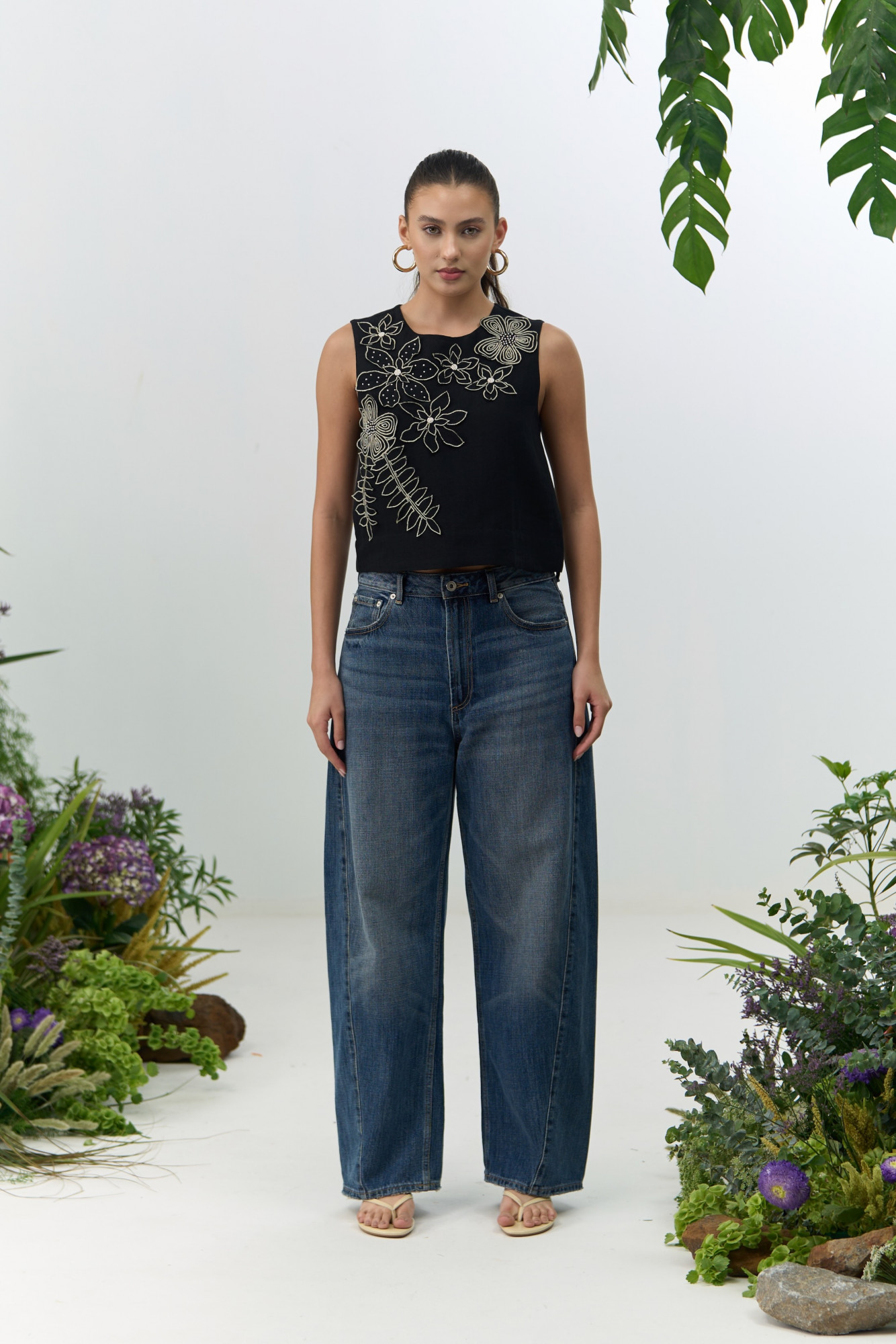 ATELIER RIVIERA BLACK COLOR COTTON LINEN SLEEVELESS TOP WITH 3D FLOWER EMBROIDERY