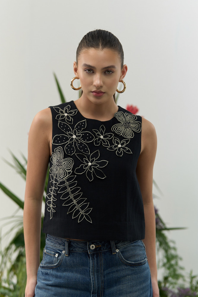 Image of ATELIER RIVIERA BLACK COLOR COTTON LINEN SLEEVELESS TOP WITH 3D FLOWER EMBROIDERY
