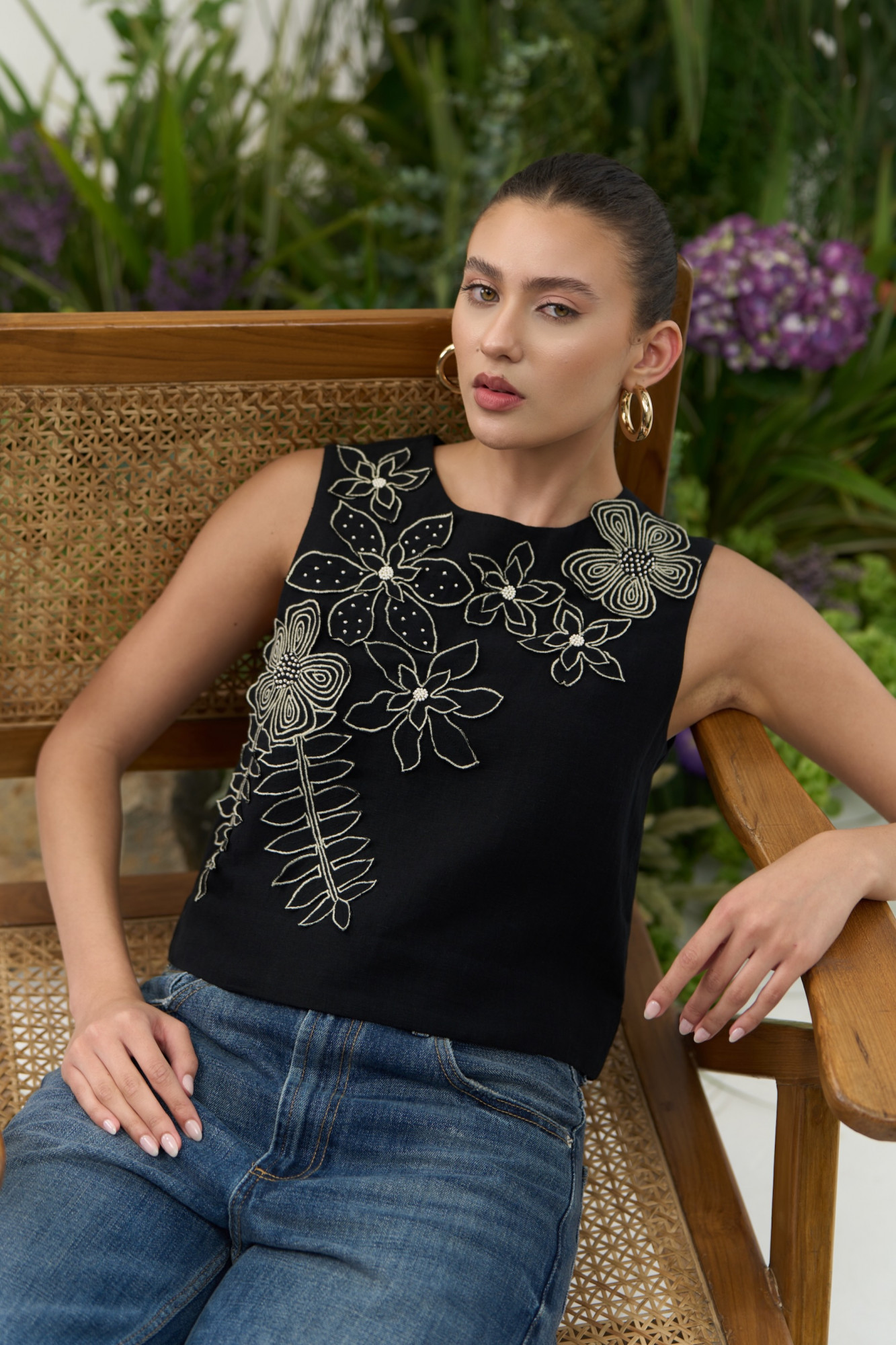 ATELIER RIVIERA BLACK COLOR COTTON LINEN SLEEVELESS TOP WITH 3D FLOWER EMBROIDERY