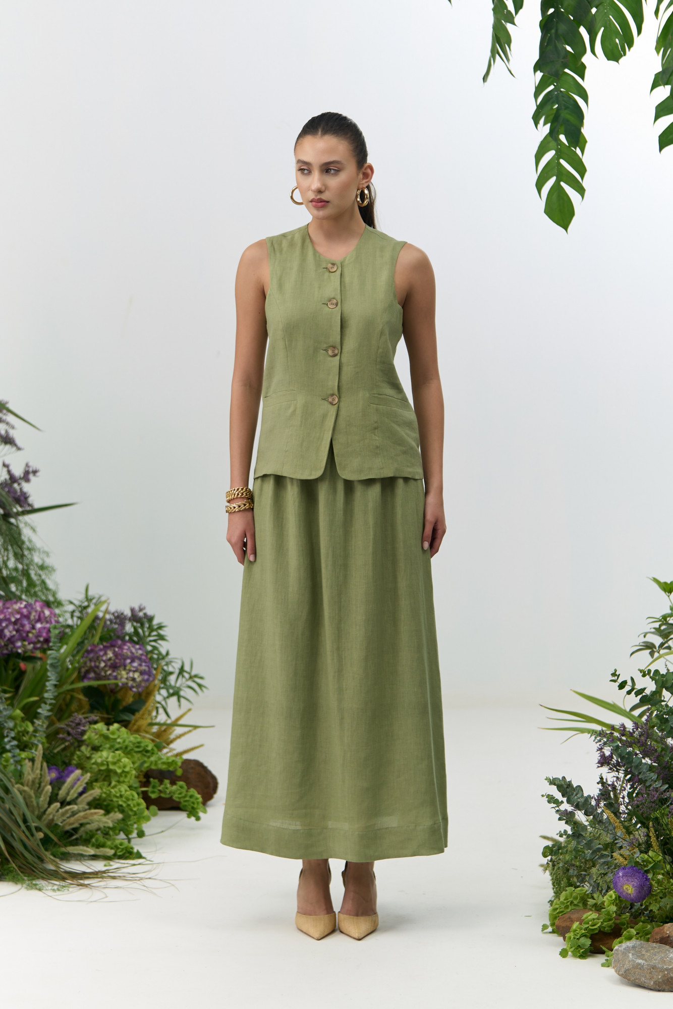 ATELIER RIVIERA OLIVE COLOR SLEEVELESS JACKET MIDI LENGTH SKIRT CO-ORD SET