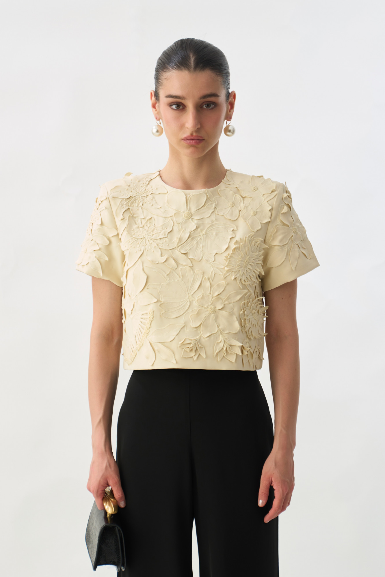 GARDEN OF SICILIA CREAM COLOUR CROP LENGTH STATEMENT TOP WITH DELICATE FLORAL EMBROIDERY