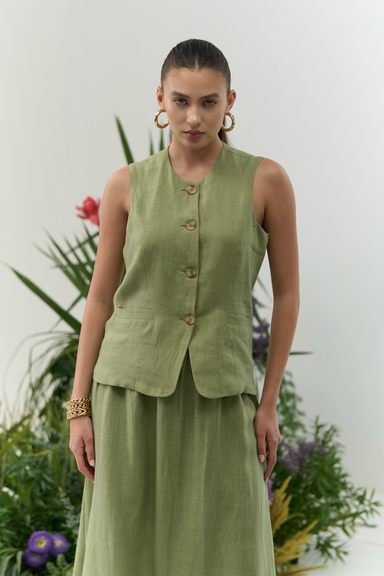 ATELIER RIVIERA OLIVE COLOR SLEEVELESS JACKET MIDI LENGTH SKIRT CO-ORD SET