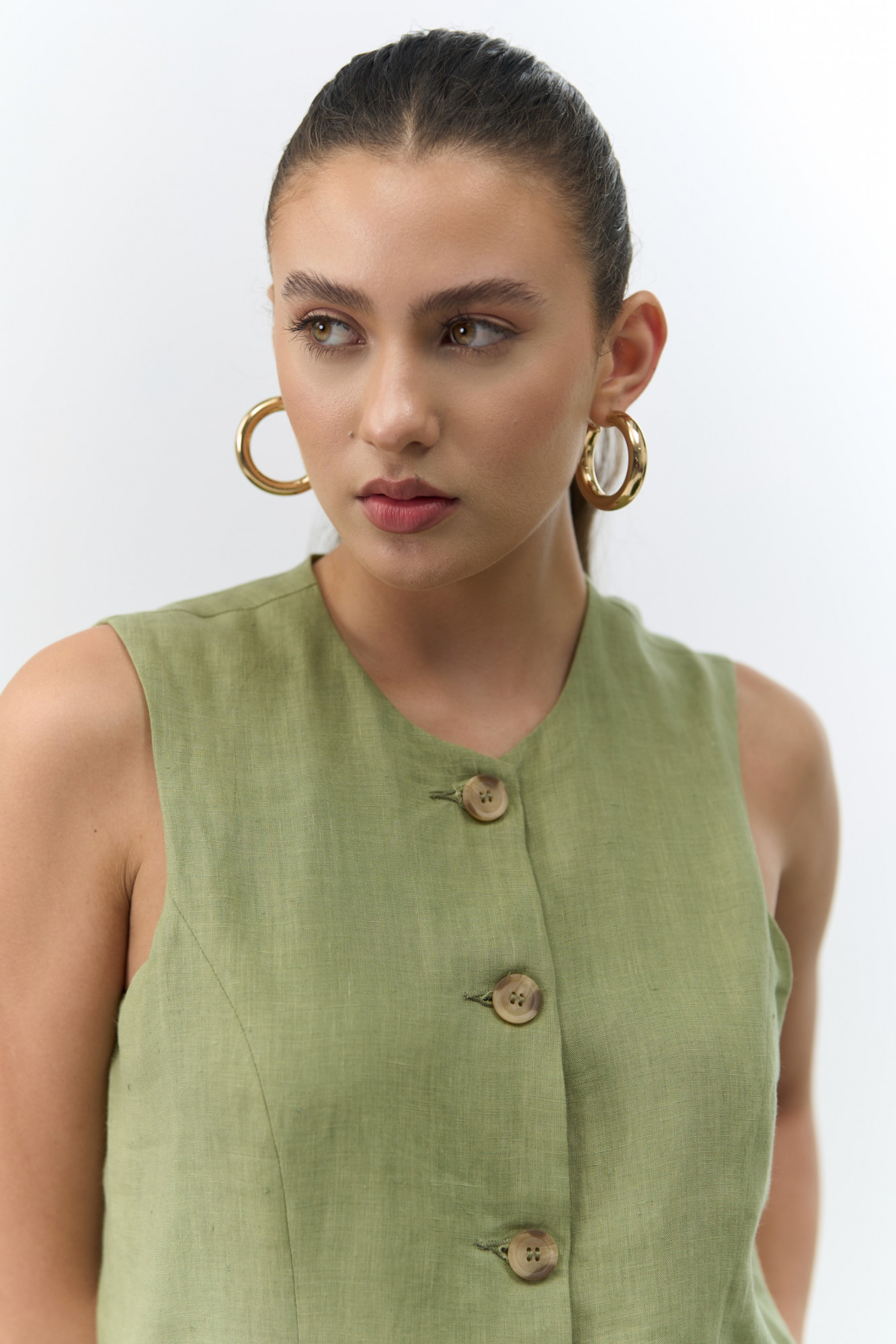 ATELIER RIVIERA SOLID OLIVE COLOR COTTON LINEN SLEEVELESS JACKET