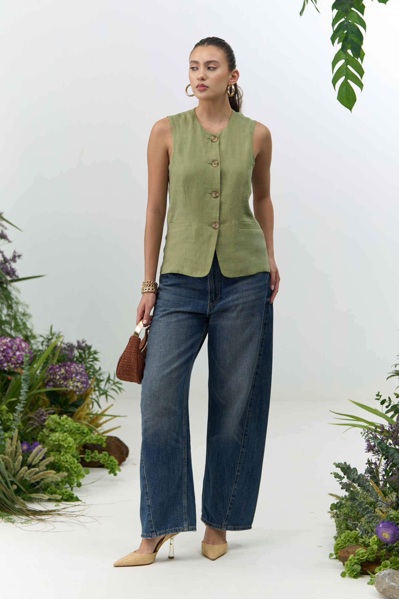 ATELIER RIVIERA SOLID OLIVE COLOR COTTON LINEN SLEEVELESS JACKET