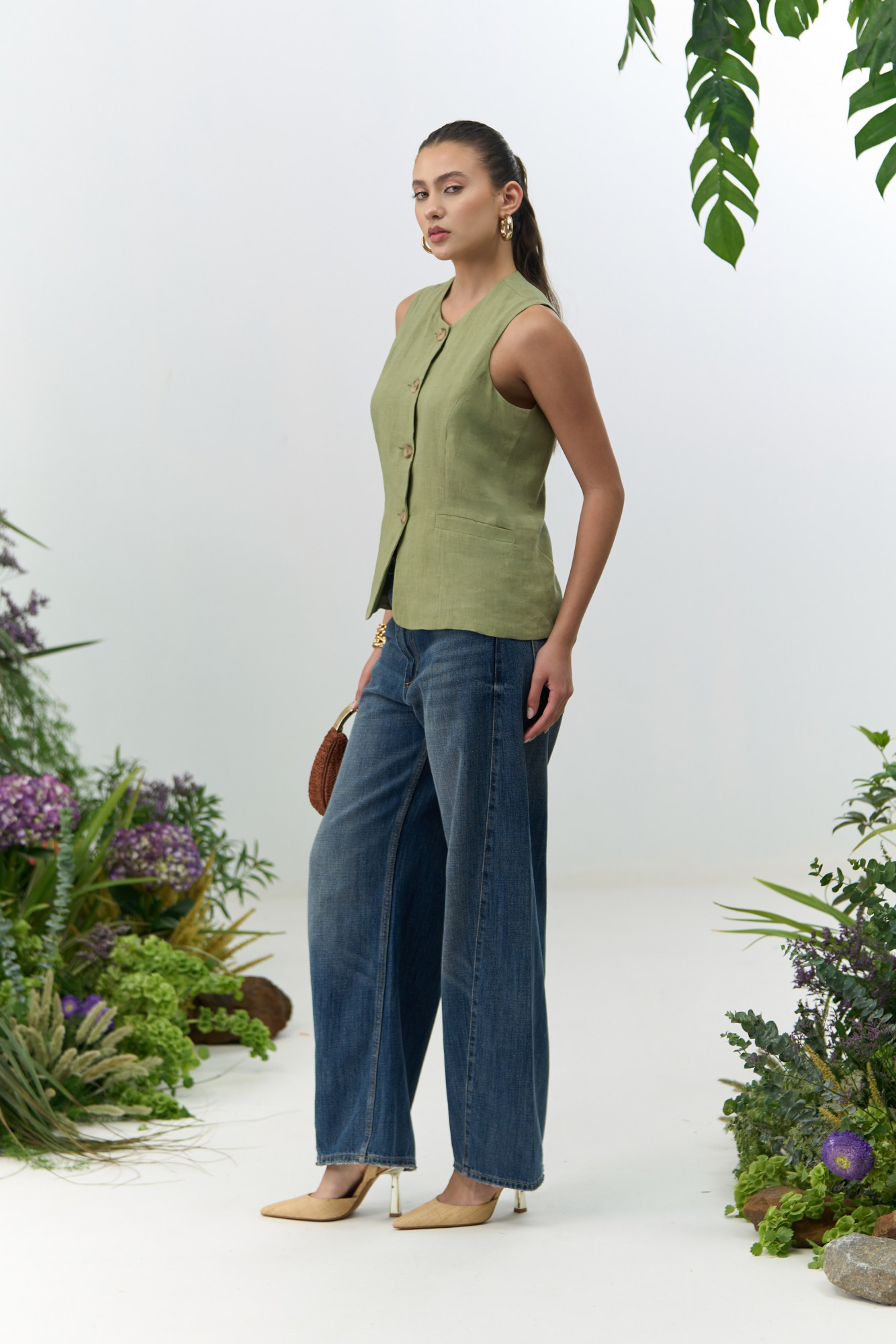 ATELIER RIVIERA SOLID OLIVE COLOR COTTON LINEN SLEEVELESS JACKET