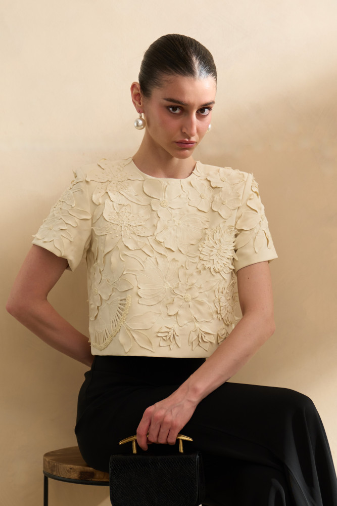 Image of GARDEN OF SICILIA CREAM COLOUR CROP LENGTH STATEMENT TOP WITH DELICATE FLORAL EMBROIDERY