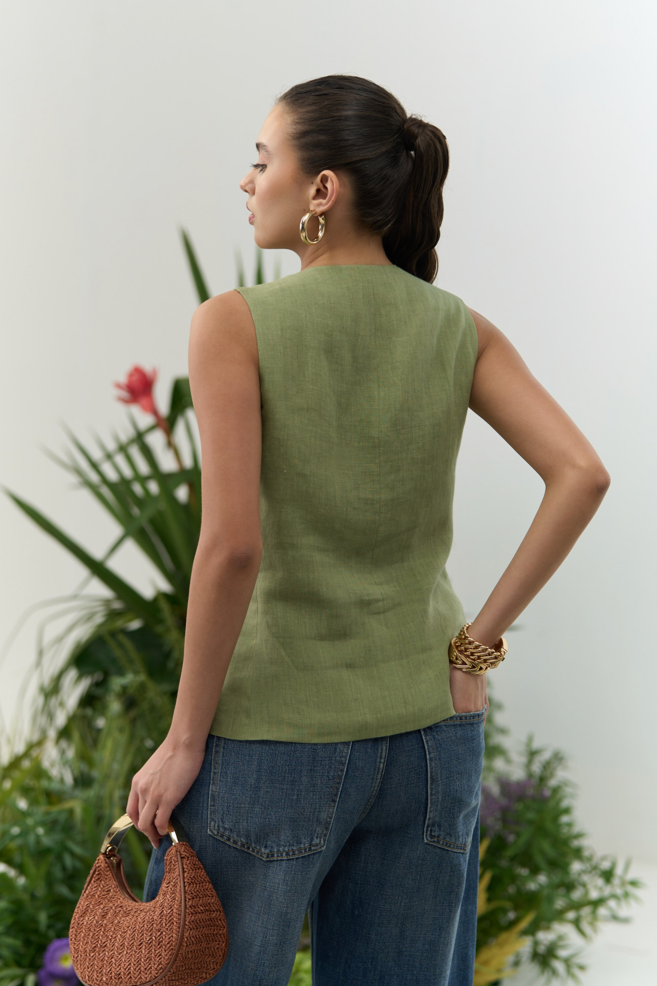 ATELIER RIVIERA SOLID OLIVE COLOR COTTON LINEN SLEEVELESS JACKET