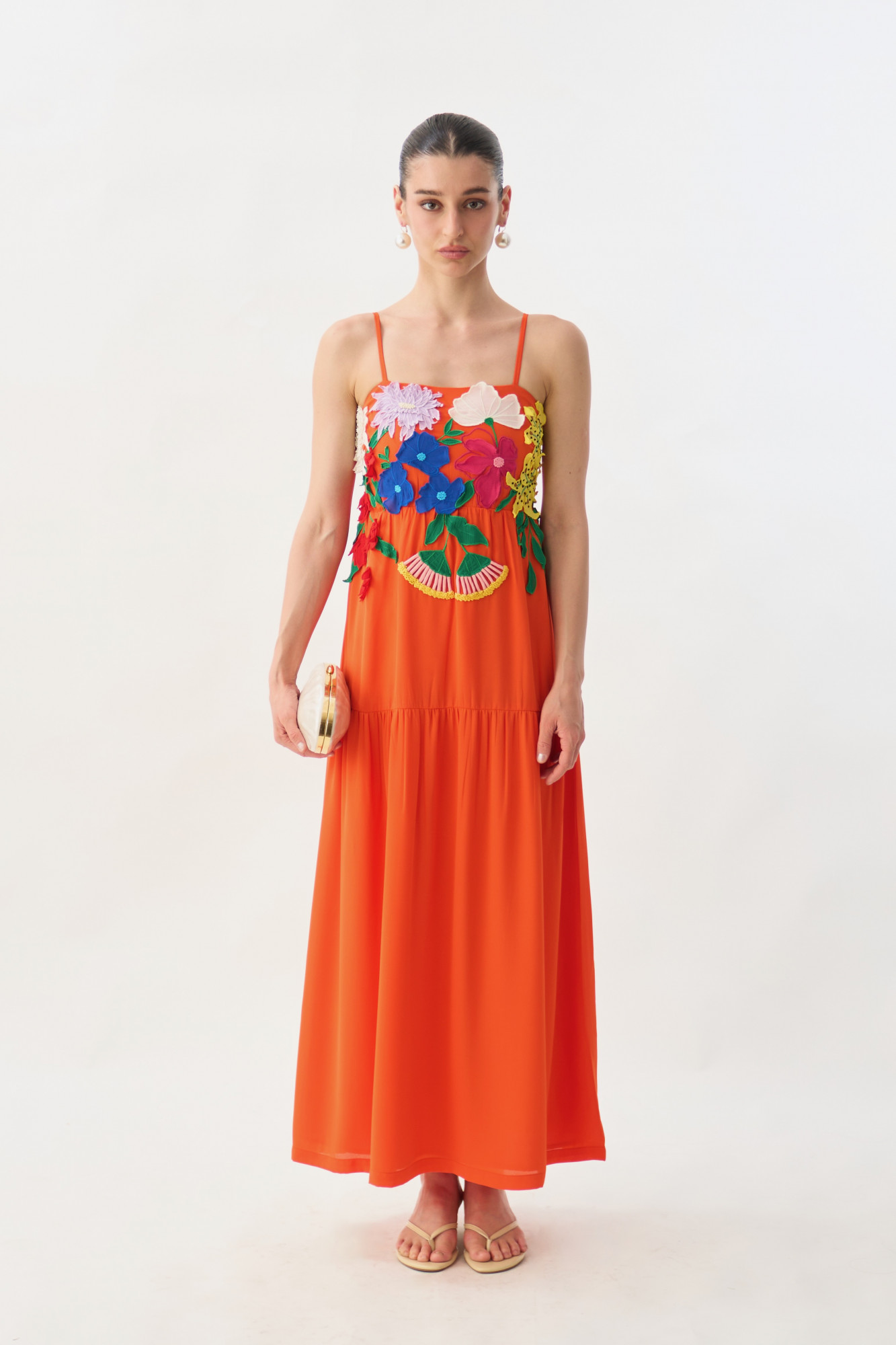 GARDEN OF SICILIA TANGERINE COLOR MIDI LENGTH TIER DRESS WITH DELICATE FLORAL MULTI COLOR EMBROIDERY
