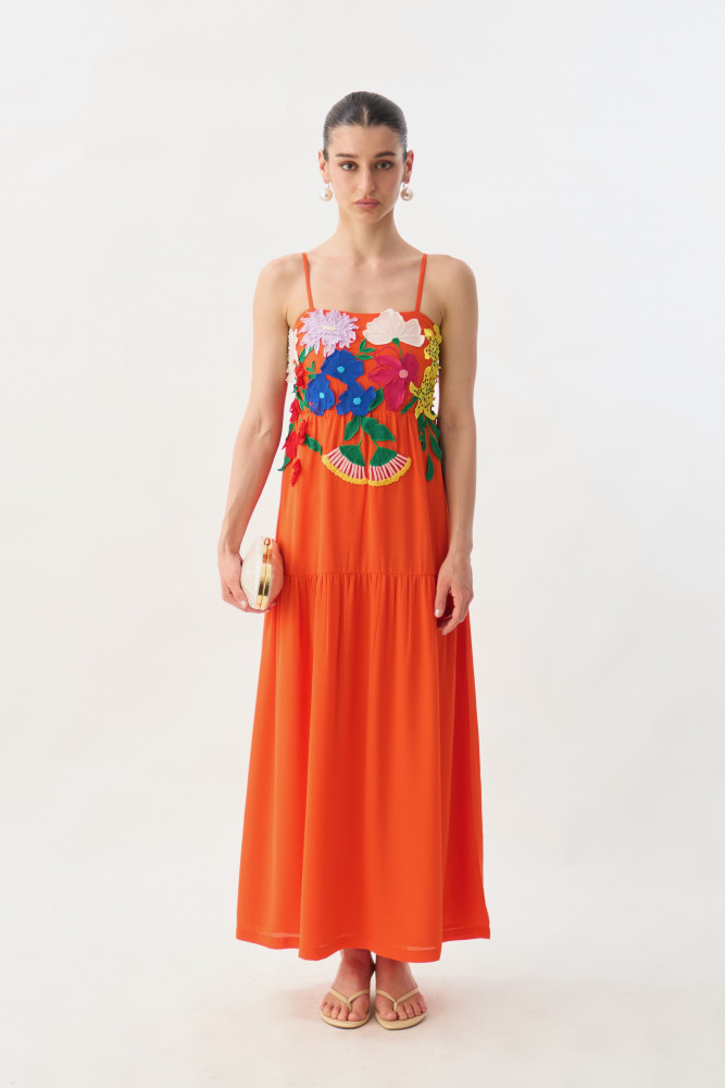 Image of GARDEN OF SICILIA TANGERINE COLOR MIDI LENGTH TIER DRESS WITH DELICATE FLORAL MULTI COLOR EMBROIDERY