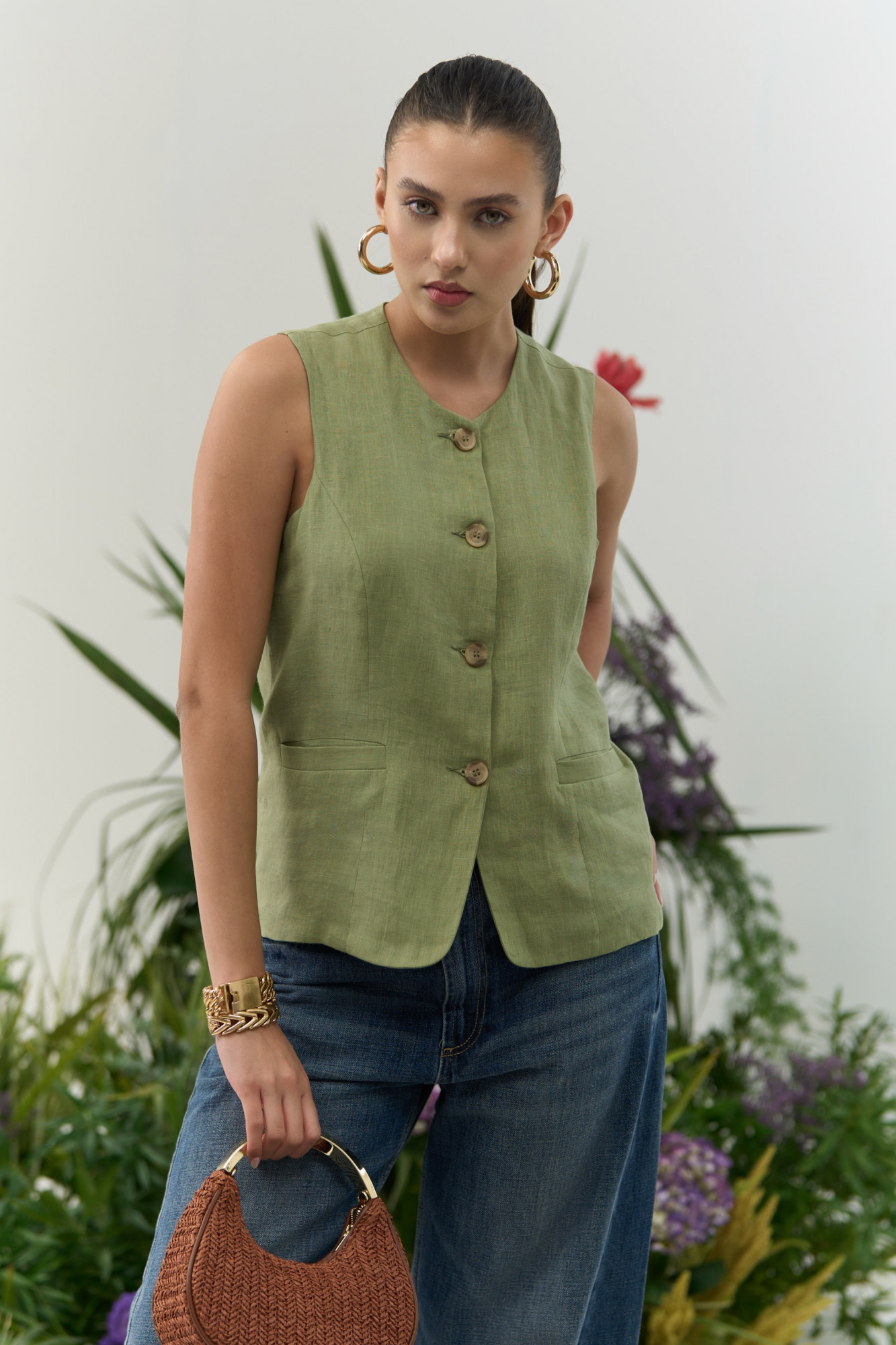 ATELIER RIVIERA SOLID OLIVE COLOR COTTON LINEN SLEEVELESS JACKET